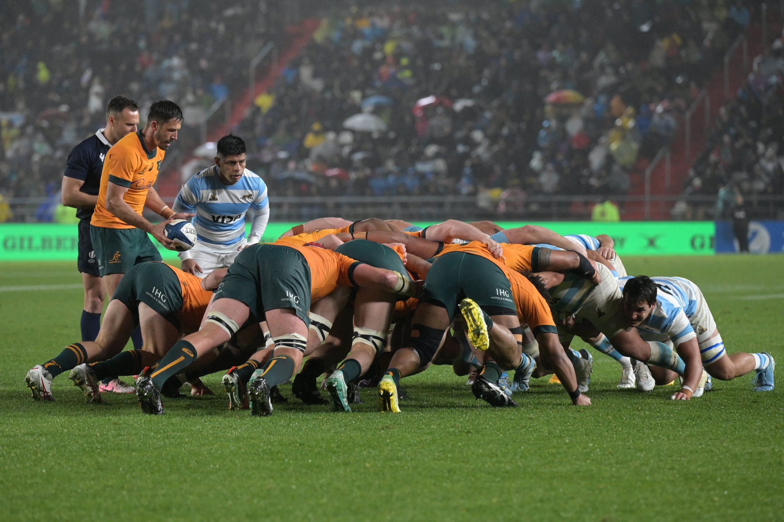 Australia's Wallabies scrum-half Jake Gordon puts the ball into the scrum