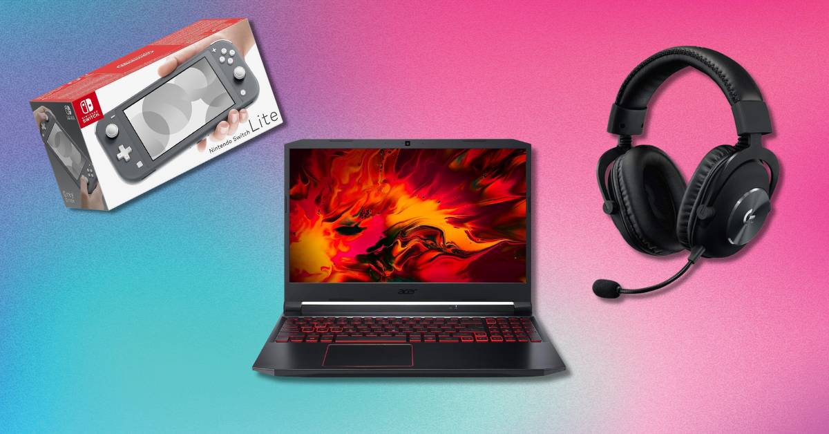 nintendo, gaming laptop, and headphones against a colorful background 