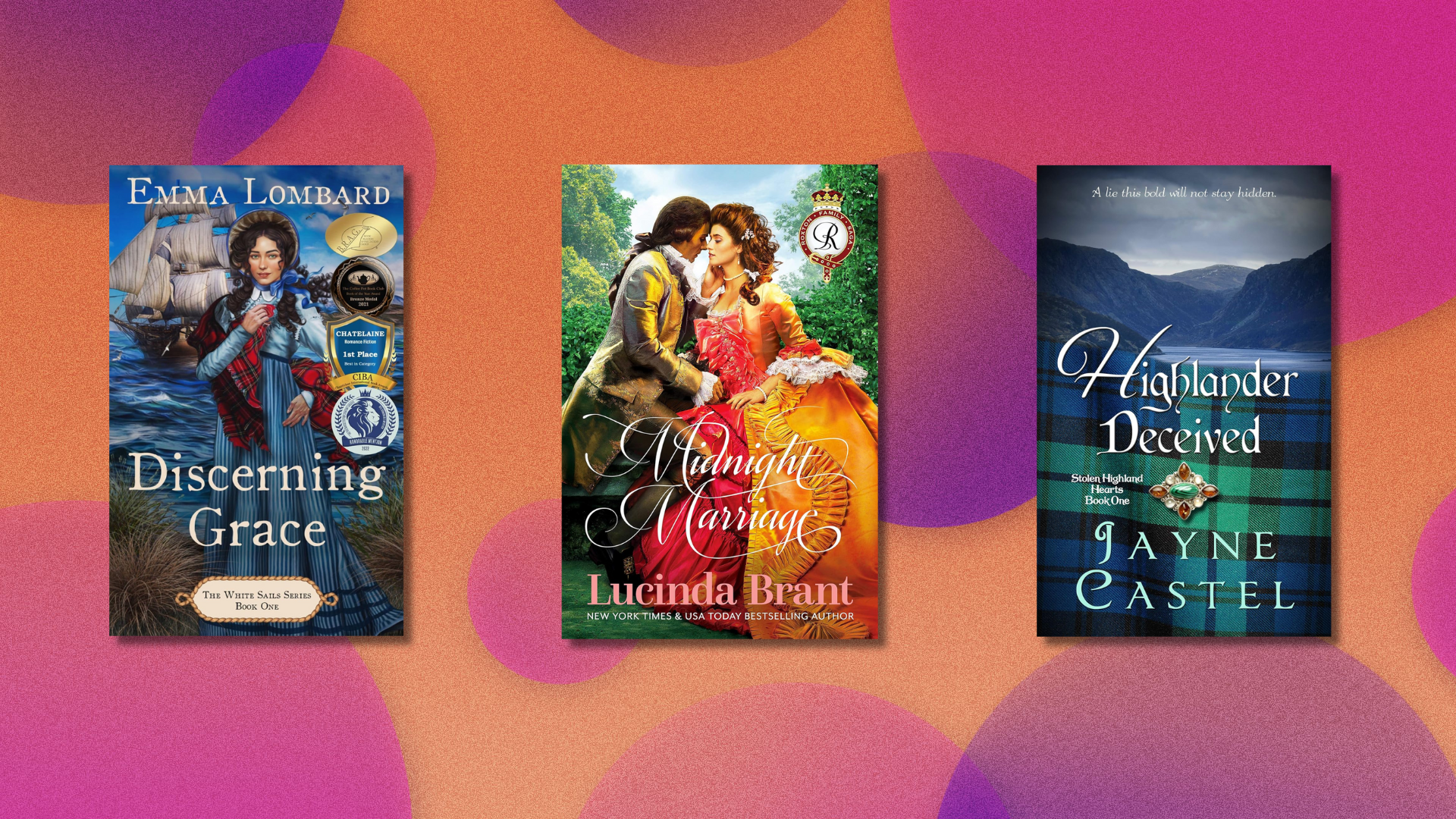 A colorful background with three book covers