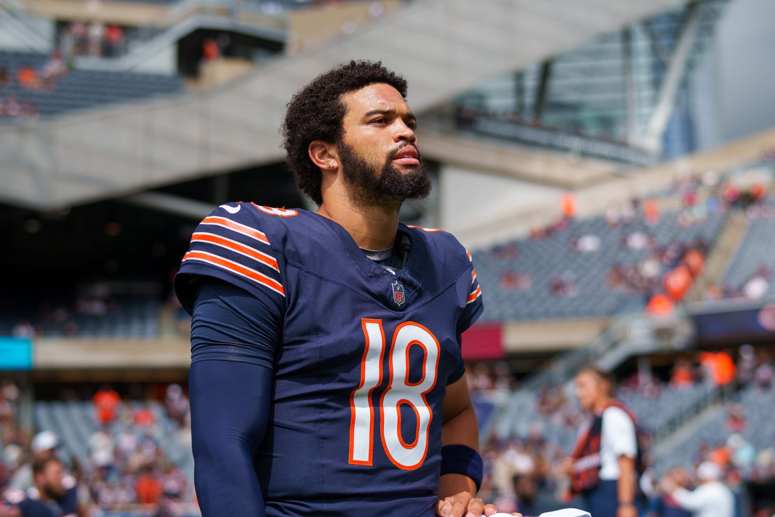 Caleb Williams of the Chicago Bears stretches