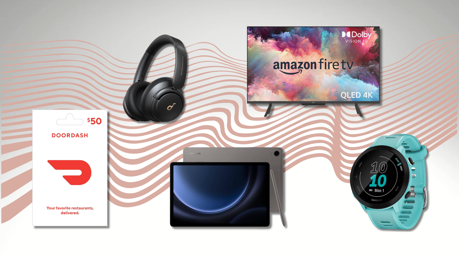 DoorDash gift card, Soundcore headphones, Garmin smartwatch, Amazon Fire TV, and Samsung tablet with gray and pink background