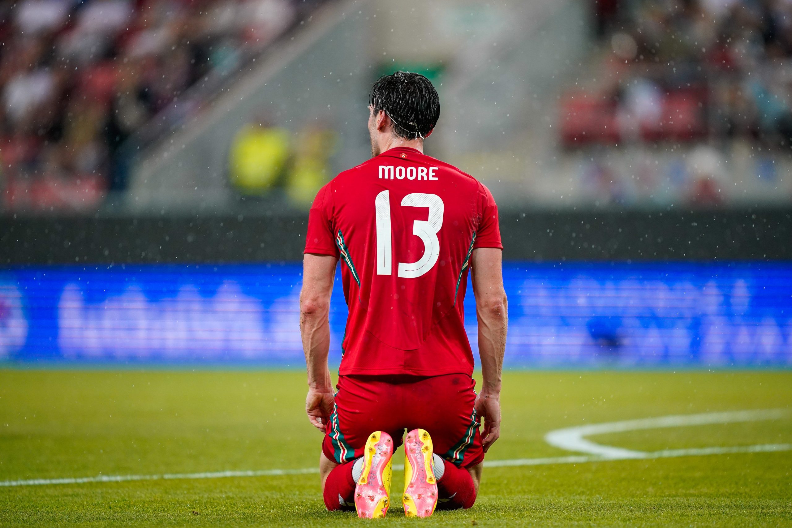 Kieffer Moore of Wales reacts