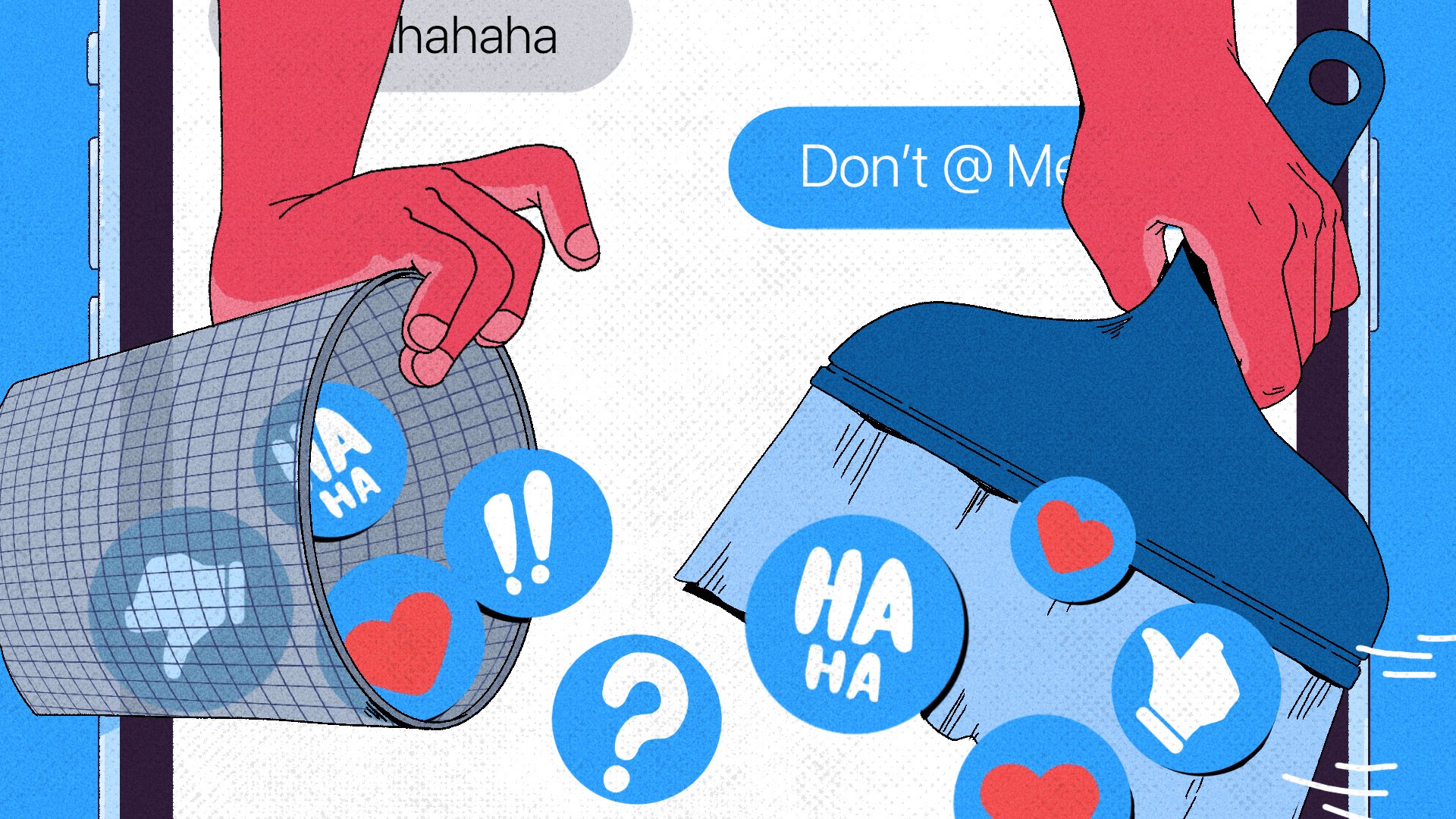 an illustration of hands  sweeping up imessage tapbacks into a garbage bin