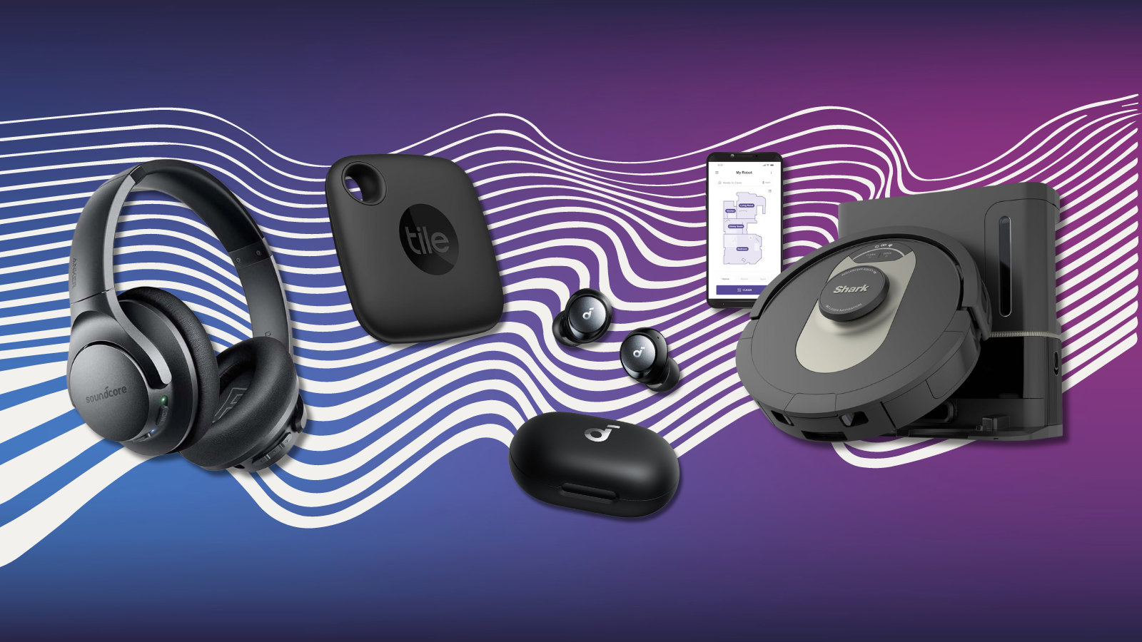 Soundcore Life Q20 headphones, Shark AI Ultra, Tile Mate, and Soundcore Space A40 earbuds with purple and blue gradient background