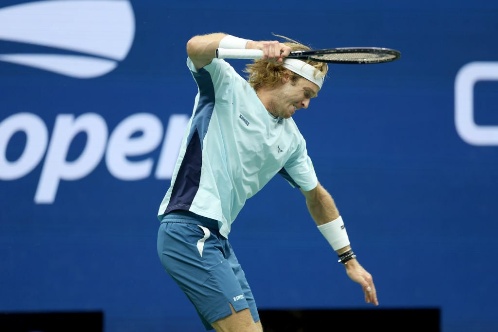 Andrey Rublev of Russia reacts against Grigor Dimitrov of Bulgaria during their Men's Singles Fourth Round match on Day Seven of the 2024 US Open