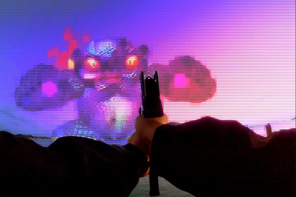 A surreal image blending a video game-like first-person shooter perspective with a pink-hued bear on screen.