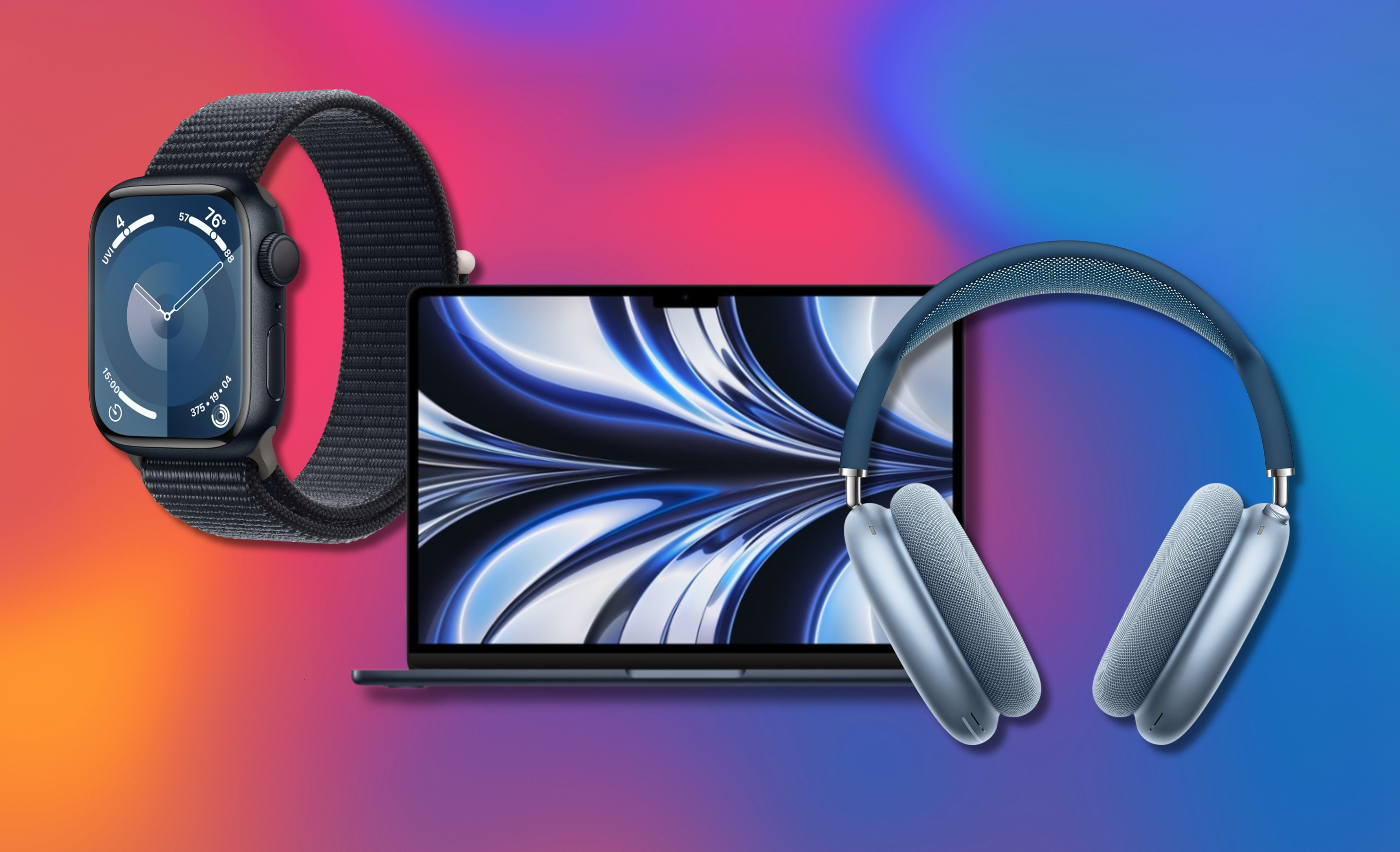 macbook air, apple watch, and apple airpods against a colorful background 