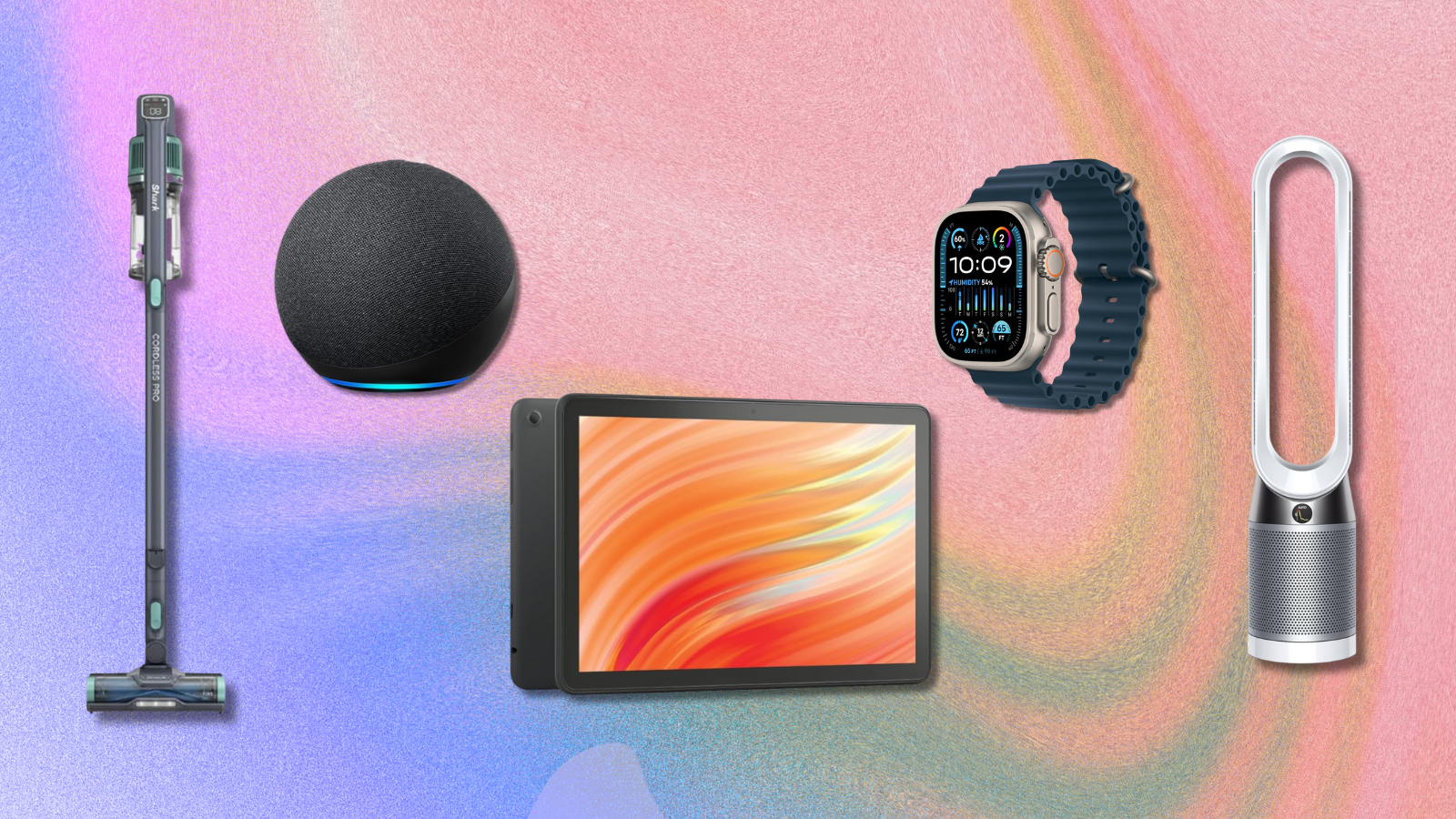 Shark vacuum, Amazon Echo, Amazon Fire tablet, Dyson fan, and Apple Watch Ultra 2 with colorful background