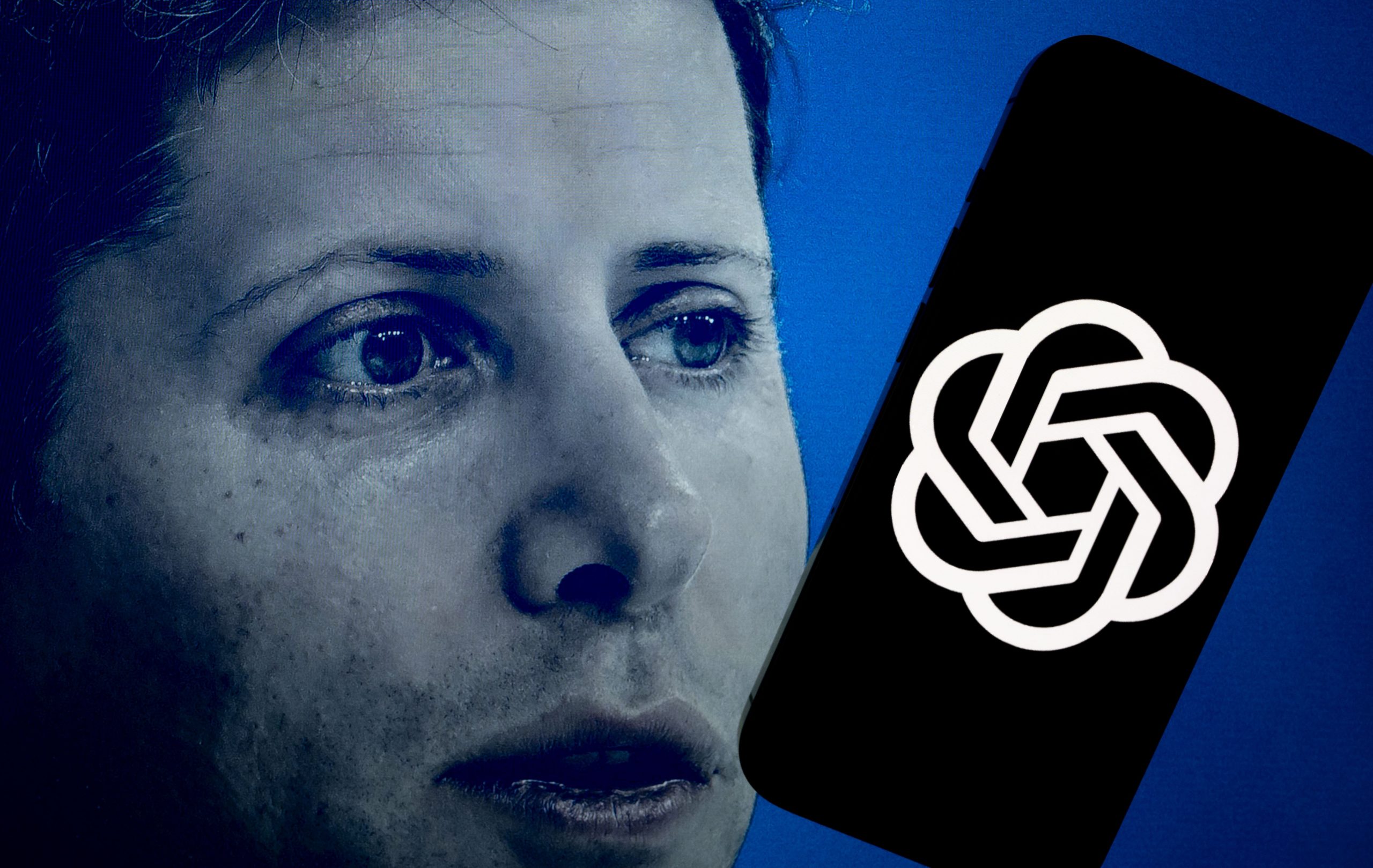 A close-up image of OpenAI CEO Sam Altman next to a phone displaying the OpenAI logo.