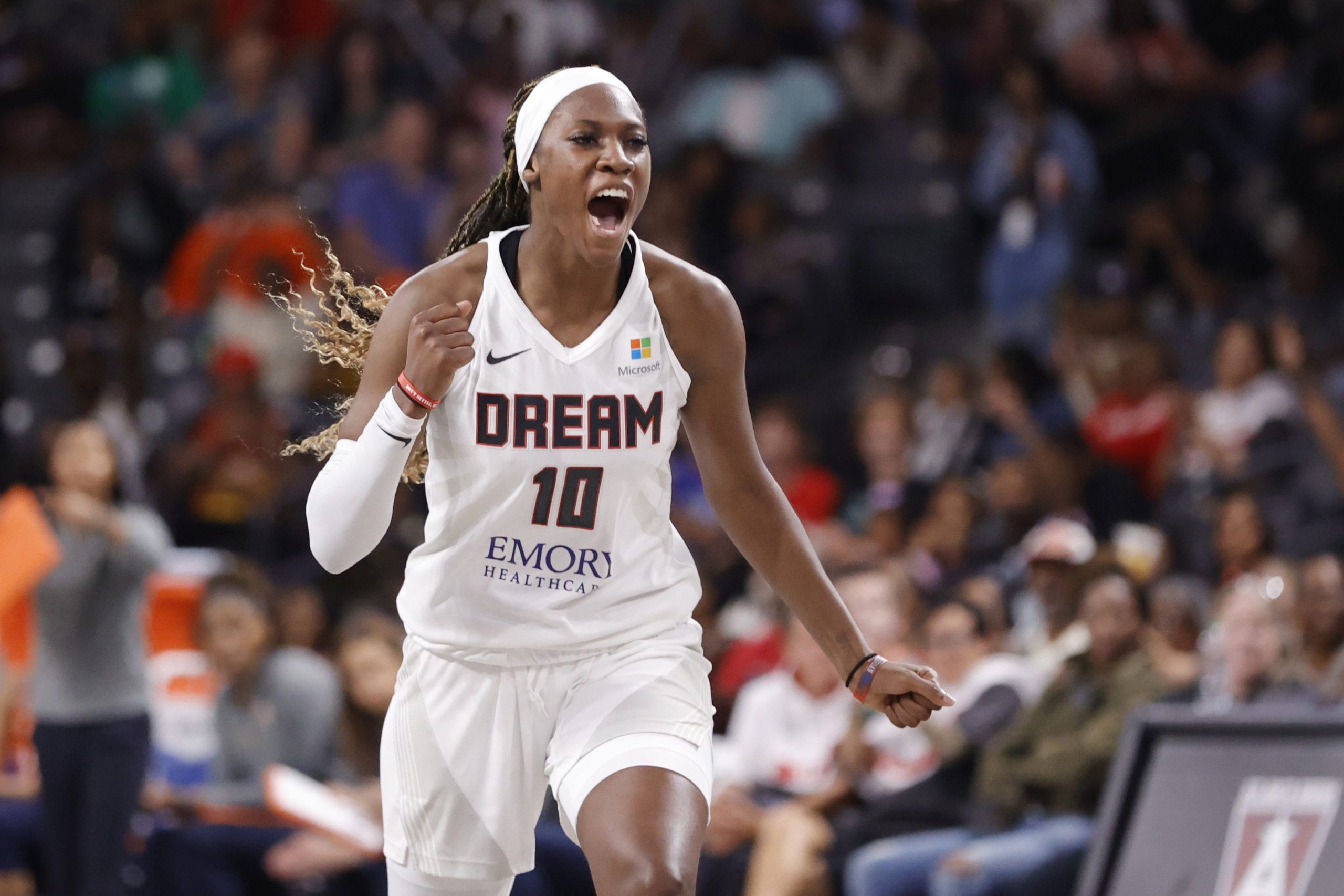 Rhyne Howard of the Atlanta Dream celebrates a win