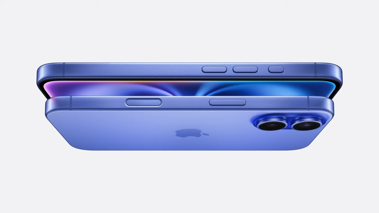 The image shows a close-up of a sleek blue smartphone, focusing on its side profile, camera lenses, and volume buttons. The phone appears to have a smooth, metallic finish with dual rear cameras and a colorful screen peeking from the side.