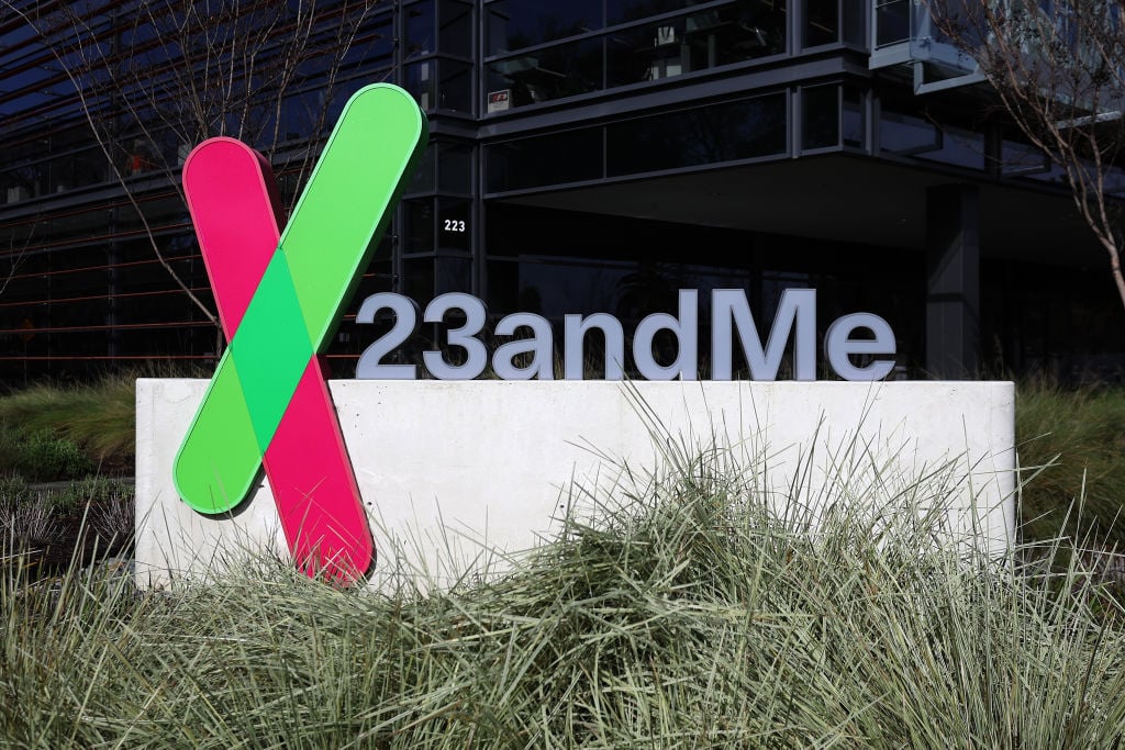 A sign is posted in front of the 23andMe headquarters on February 01, 2024 in Sunnyvale, California