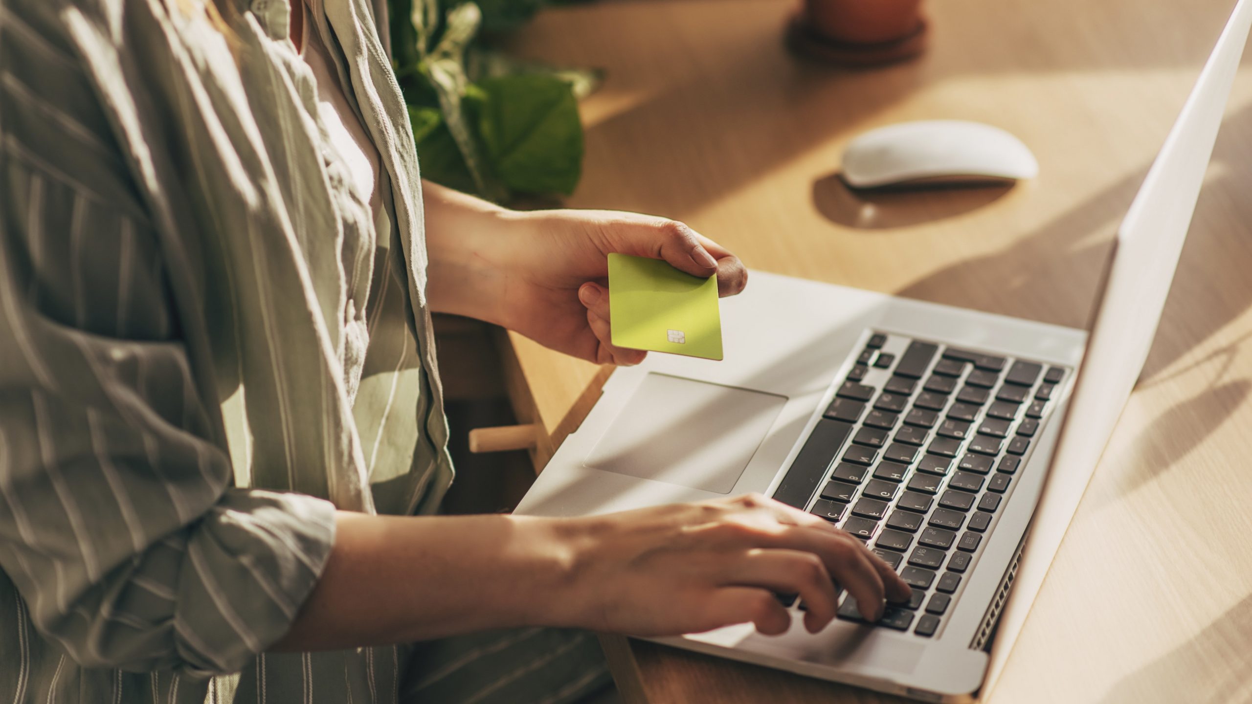 person sitting in front of laptop holding credit card