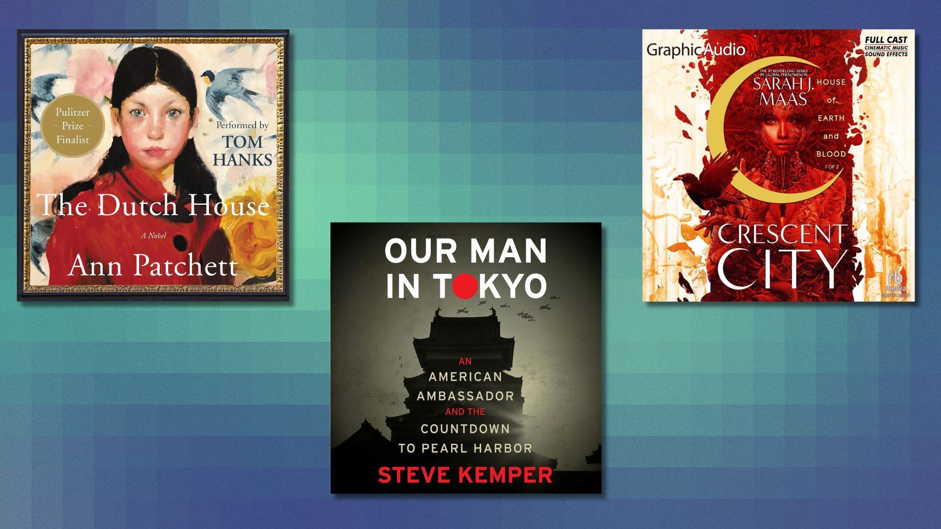 three audiobook covers on a pixelated background