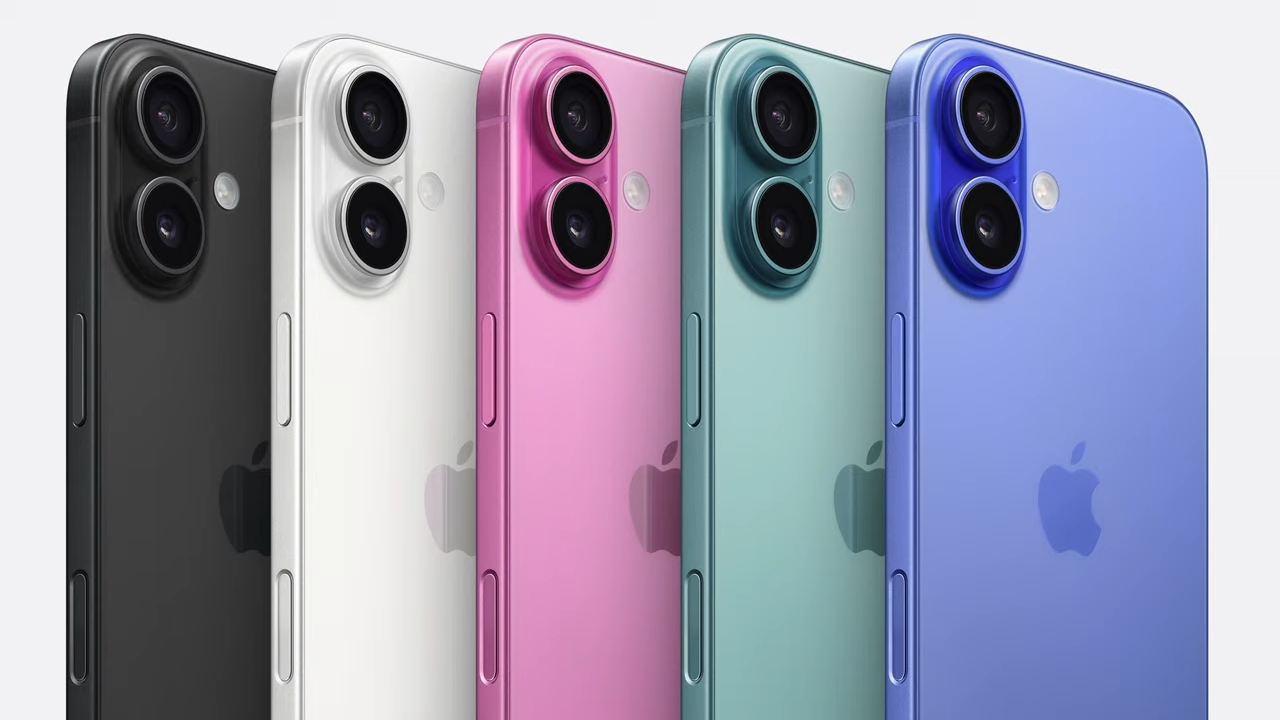 A stack of iPhone 16 models in various colors lined horizontally