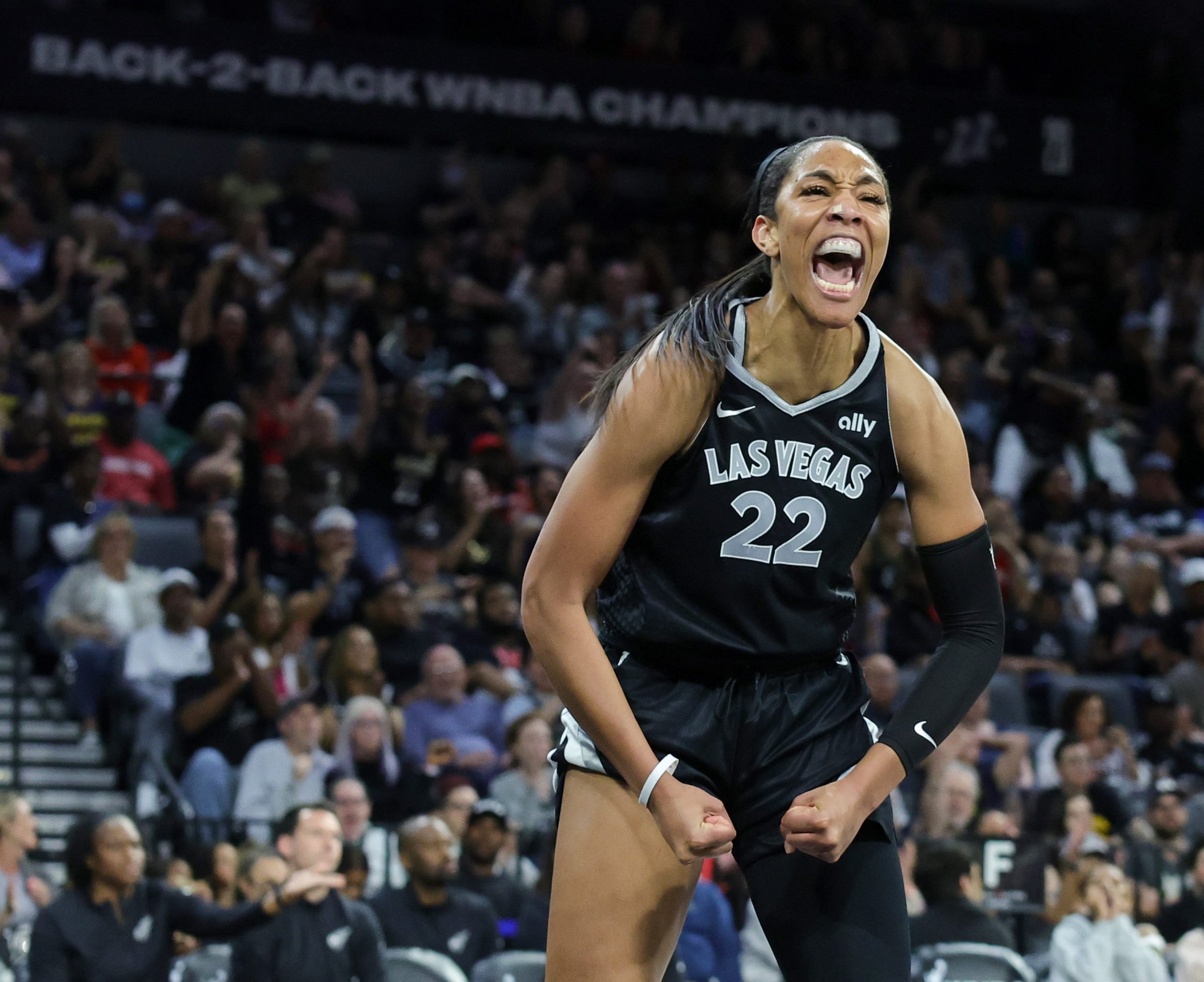 A'ja Wilson of the Las Vegas Aces celebrates after scoring