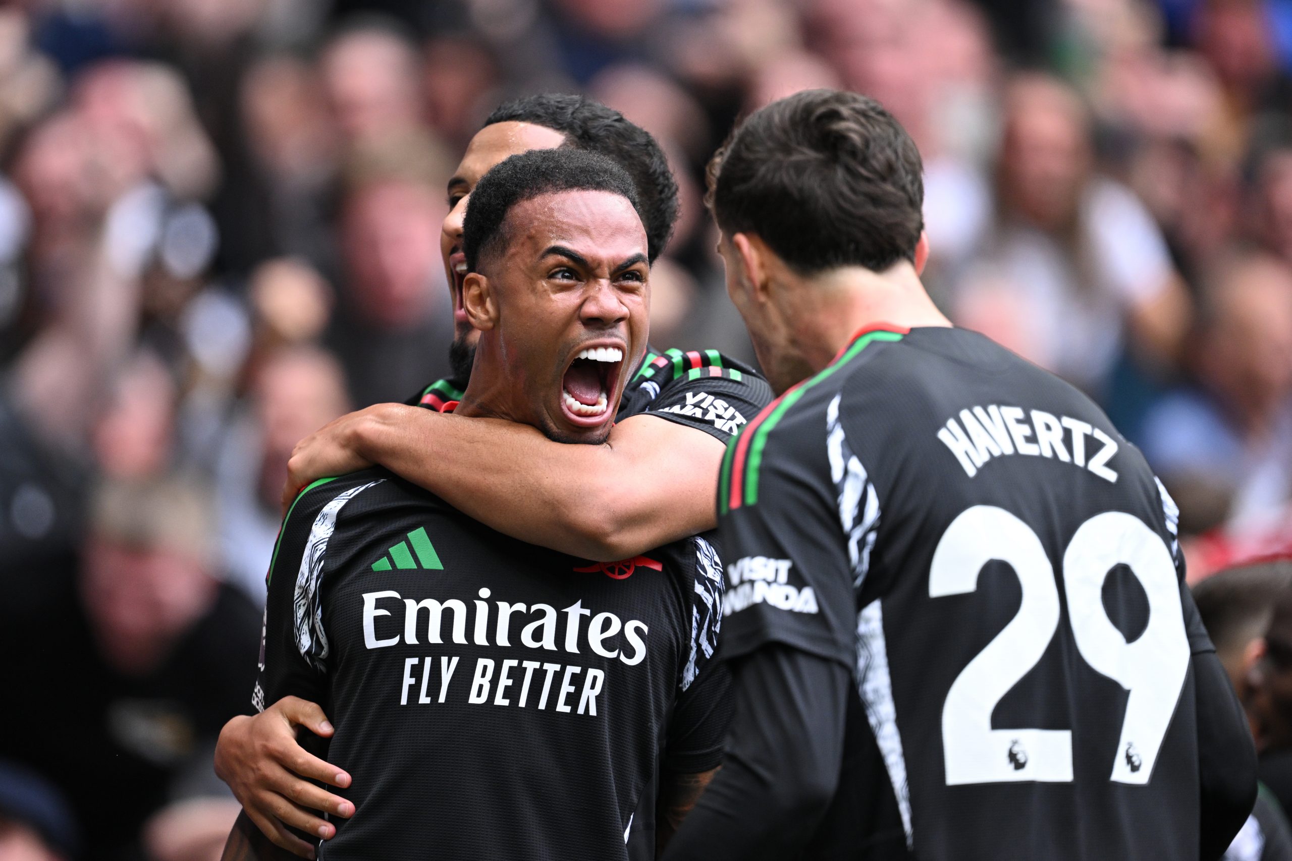 Gabriel of Arsenal celebrates scoring