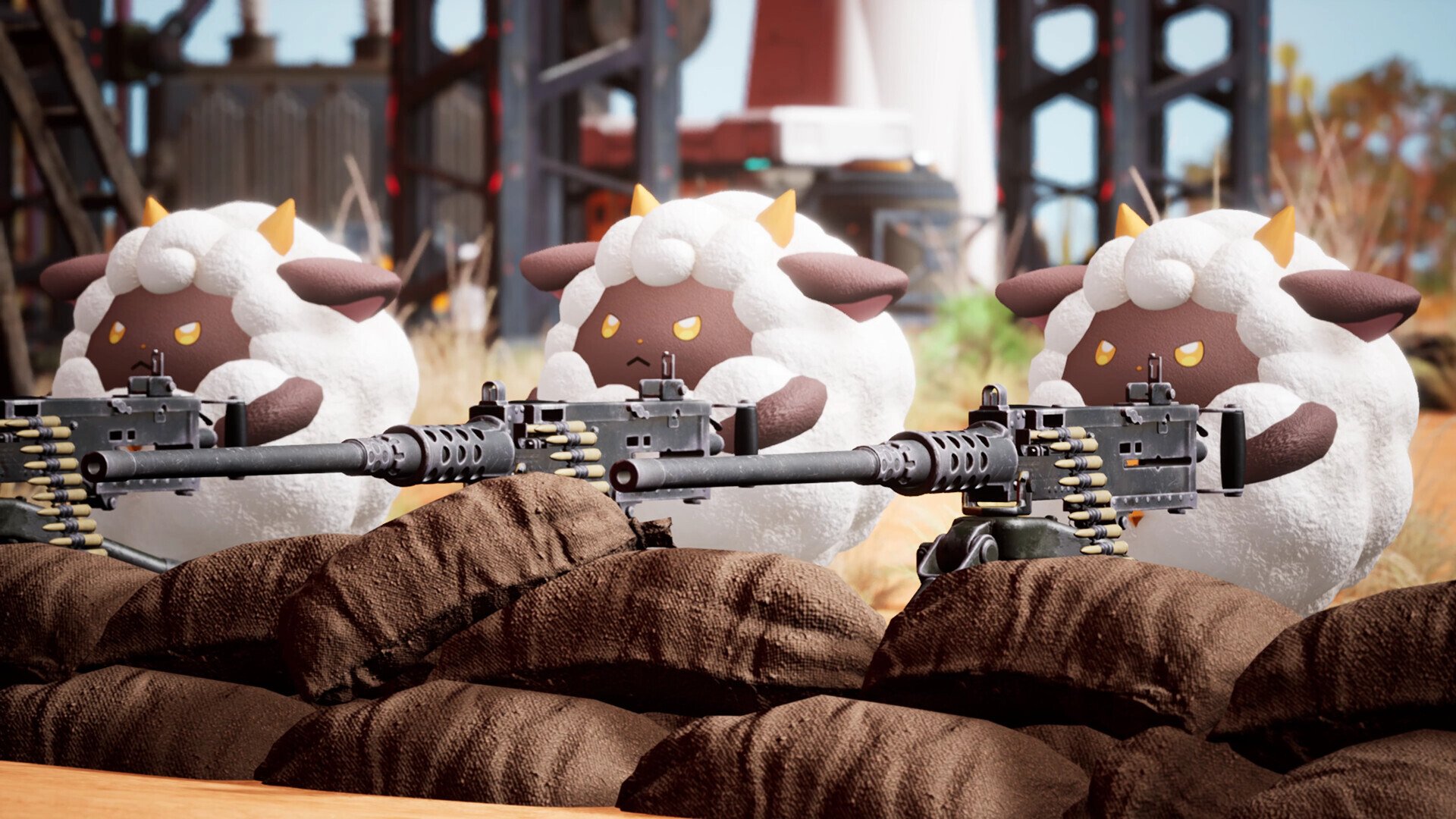 Sheeplike Pals in 'Palworld' wielding guns.