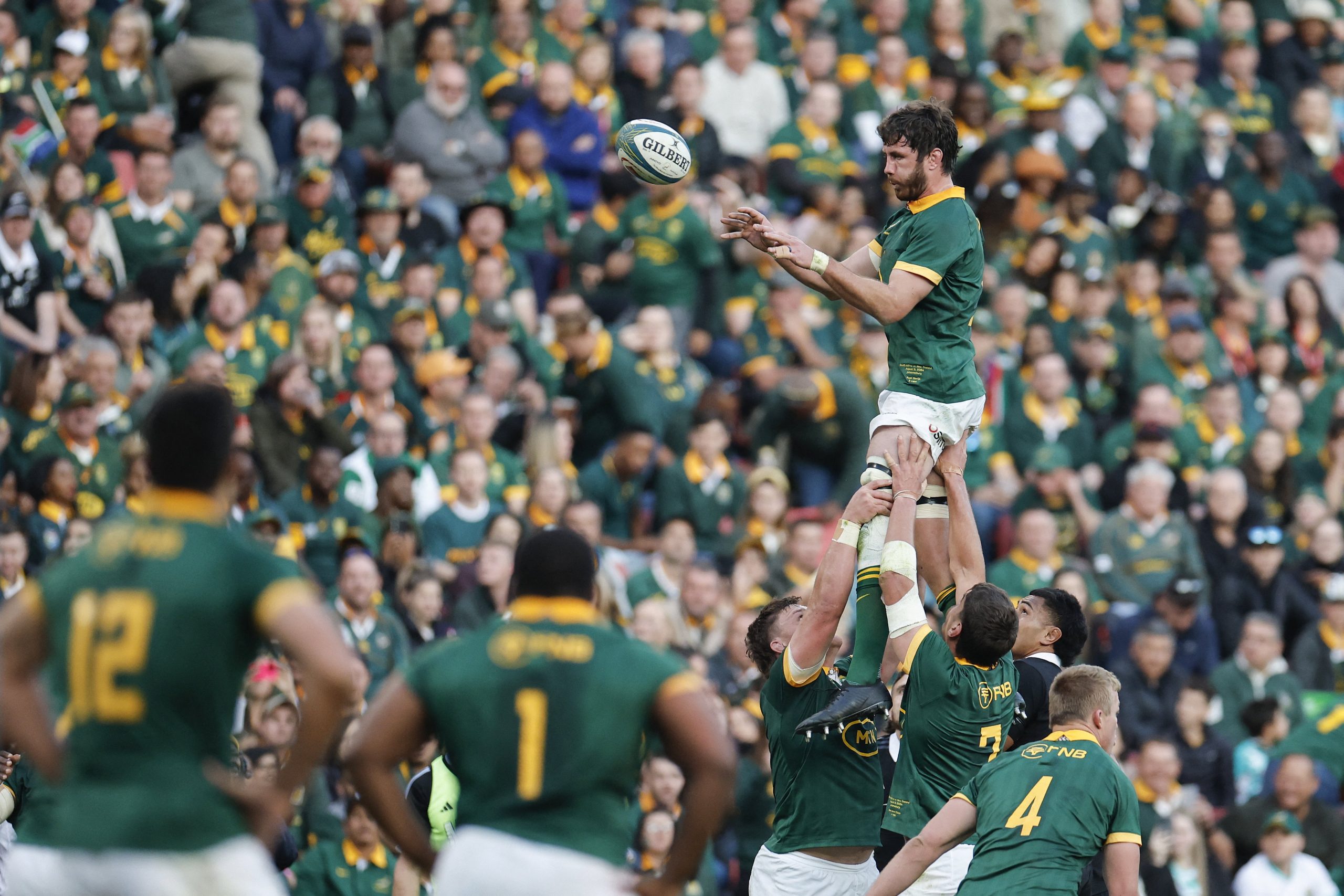 South Africa's lock Ruan Nortje  catches the ball in a line-out