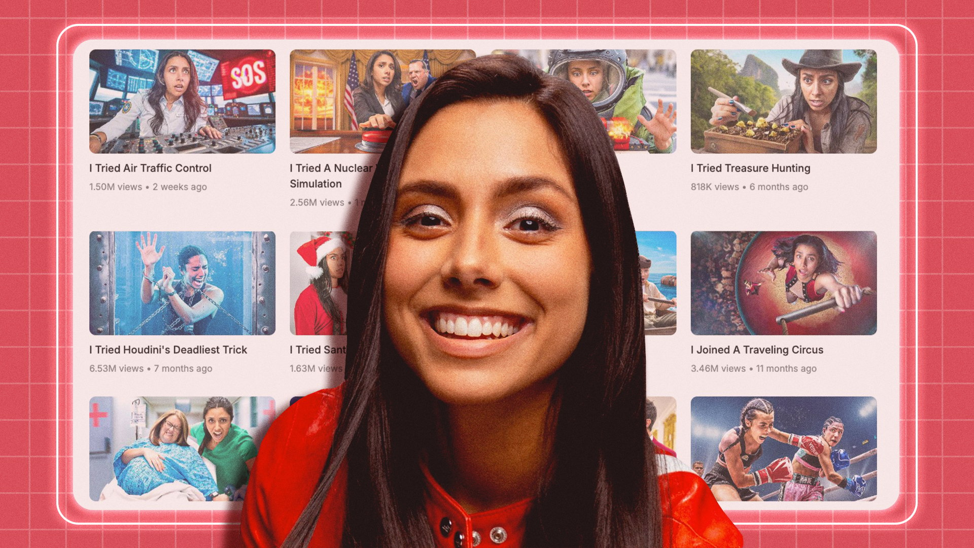 Michelle Khare smiling in a red leather jacket with her blurry YouTube behind her. 