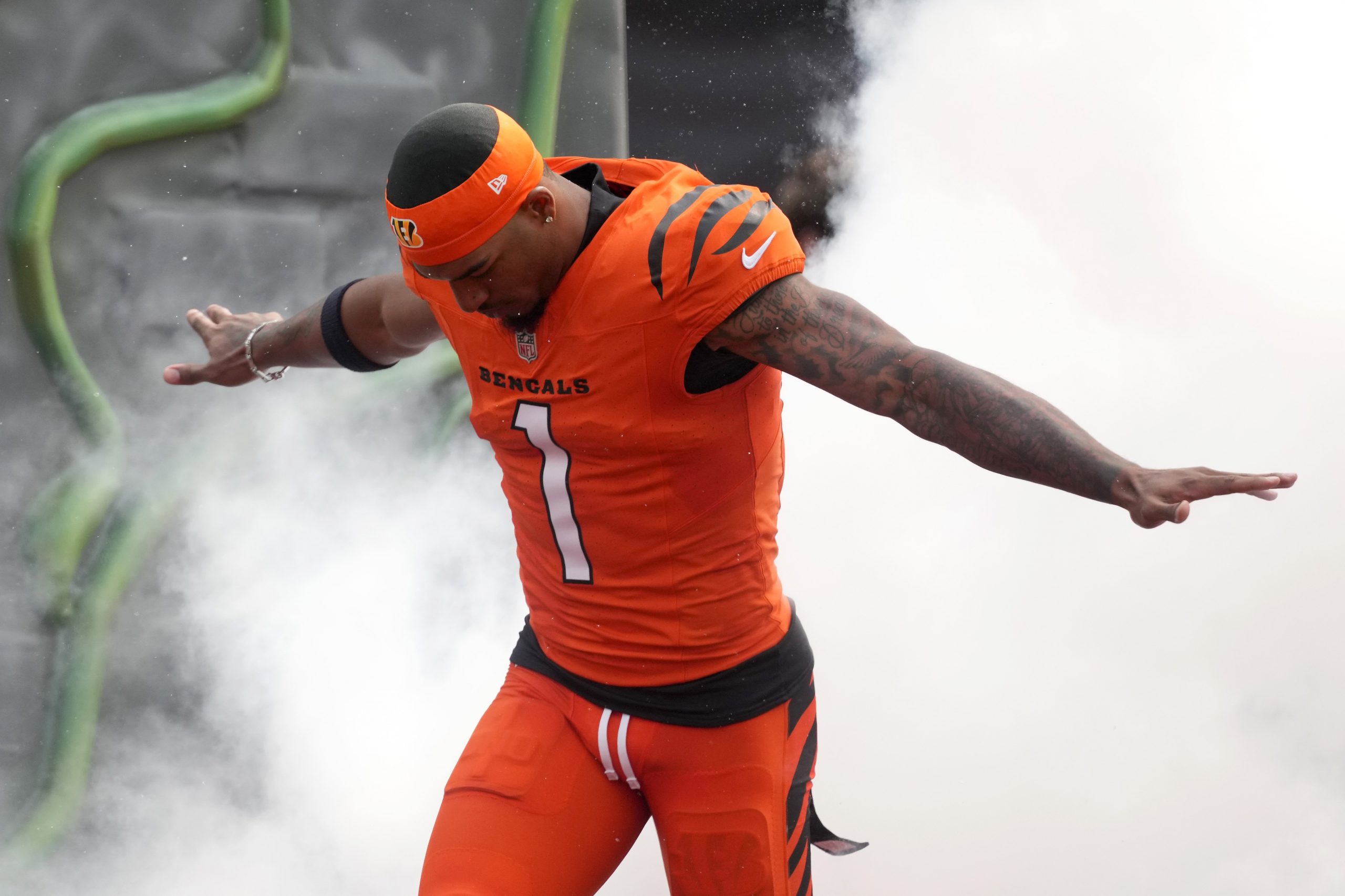 Ja'Marr Chase of the Cincinnati Bengals runs onto the field