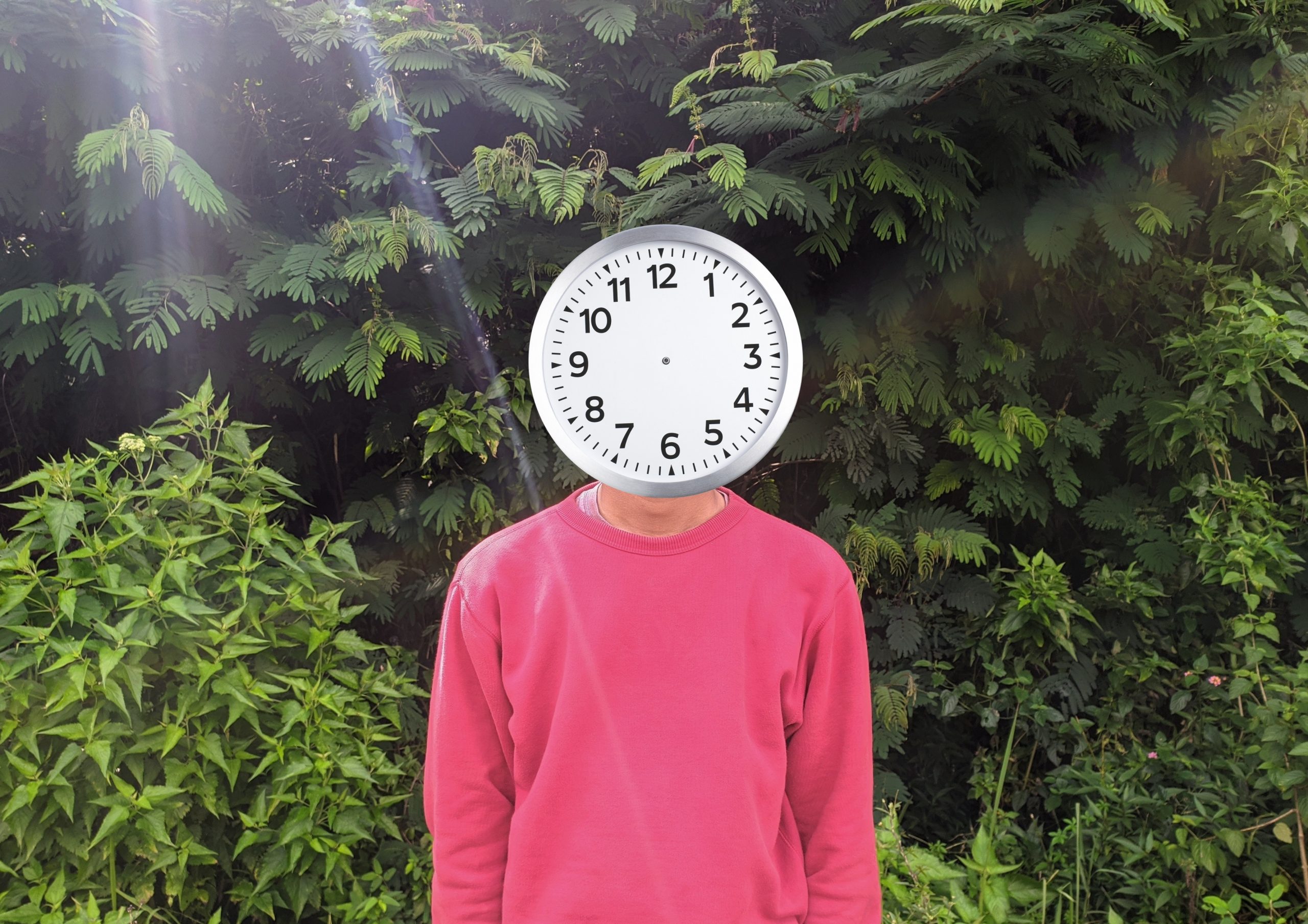 Person with a clock for a head in the woods