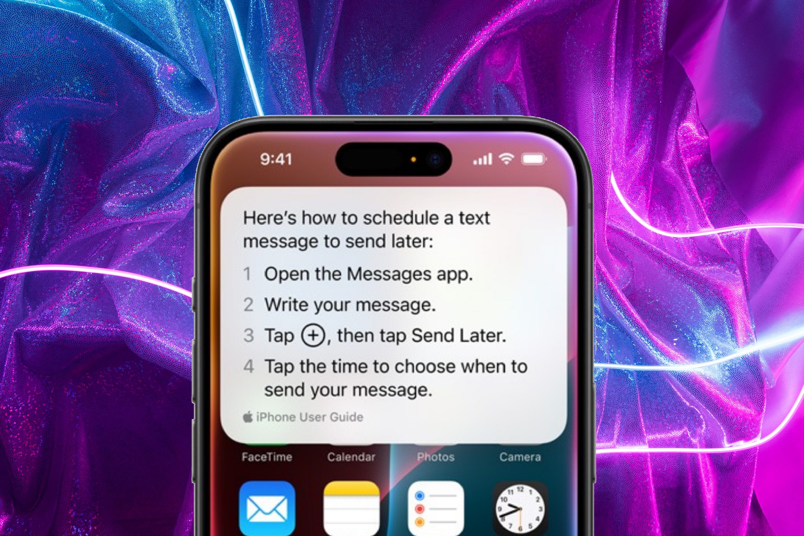 Apple Intelligence UI with a pink and blue neon background