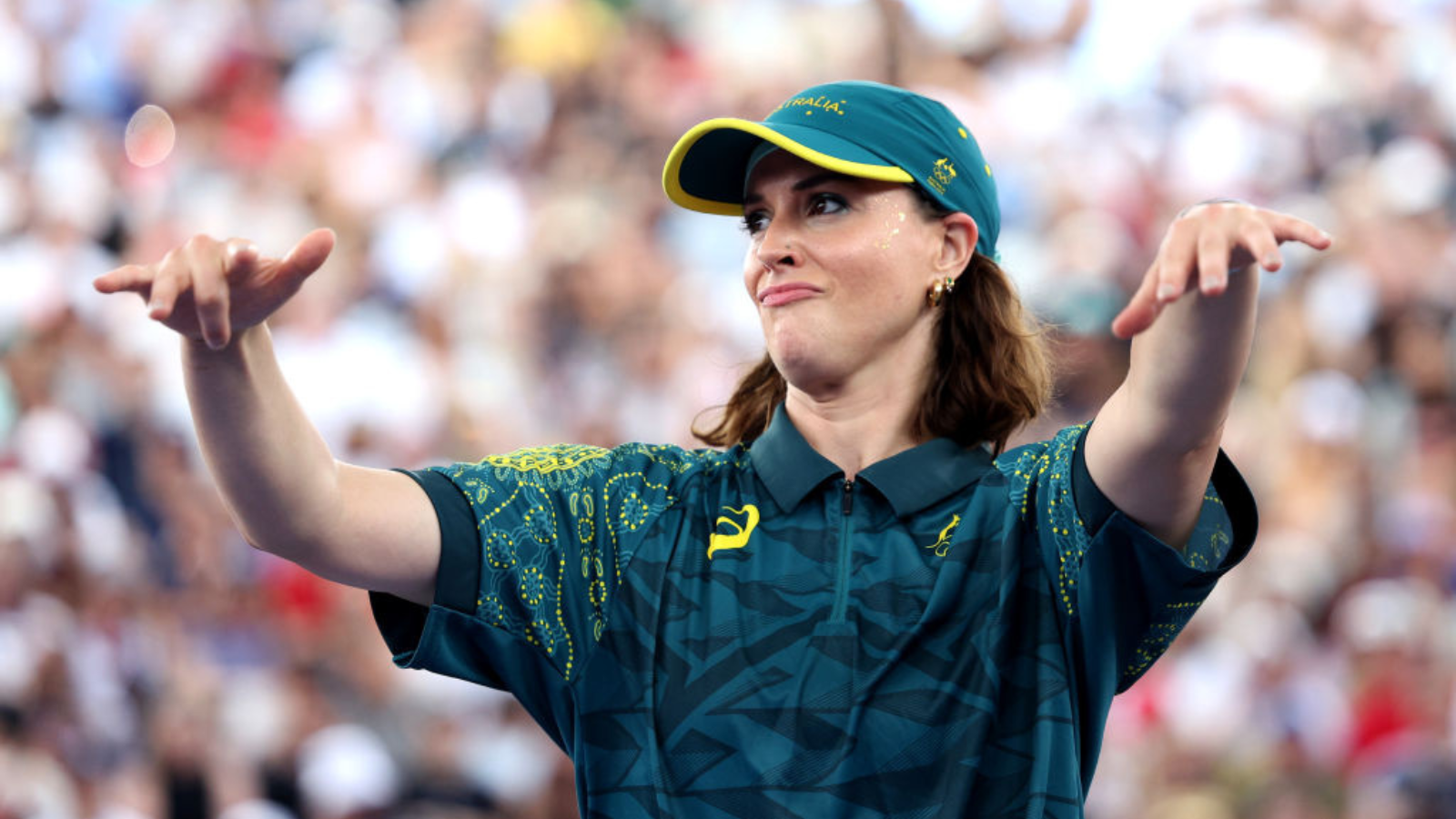 B-Girl Raygun of Team Australia reacts during the B-Girls Round Robin - Group B on day fourteen of the Olympic Games Paris 2024 at Place de la Concorde on August 09, 2024 in Paris, France. 