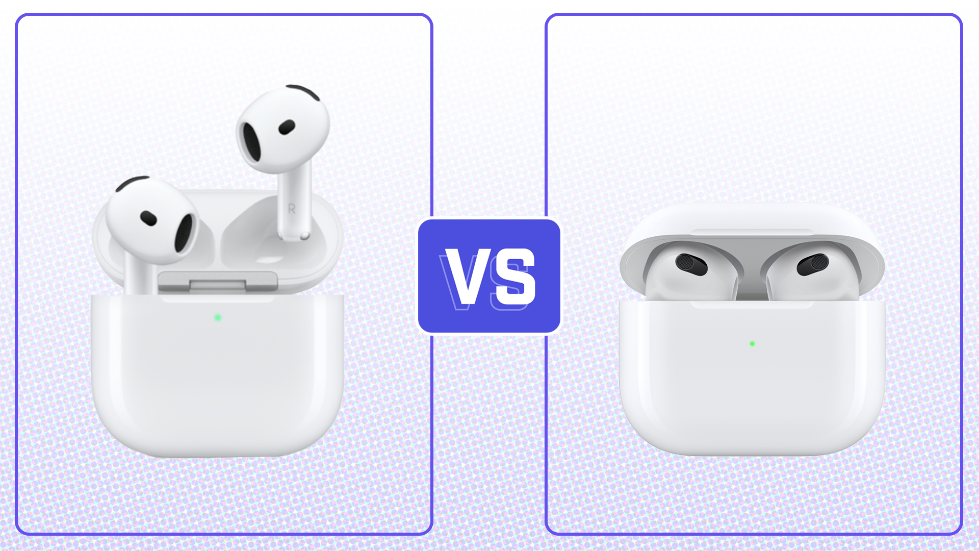 Comparison image of Apple AirPods 4 (left) vs. Apple AirPods 3 (right)