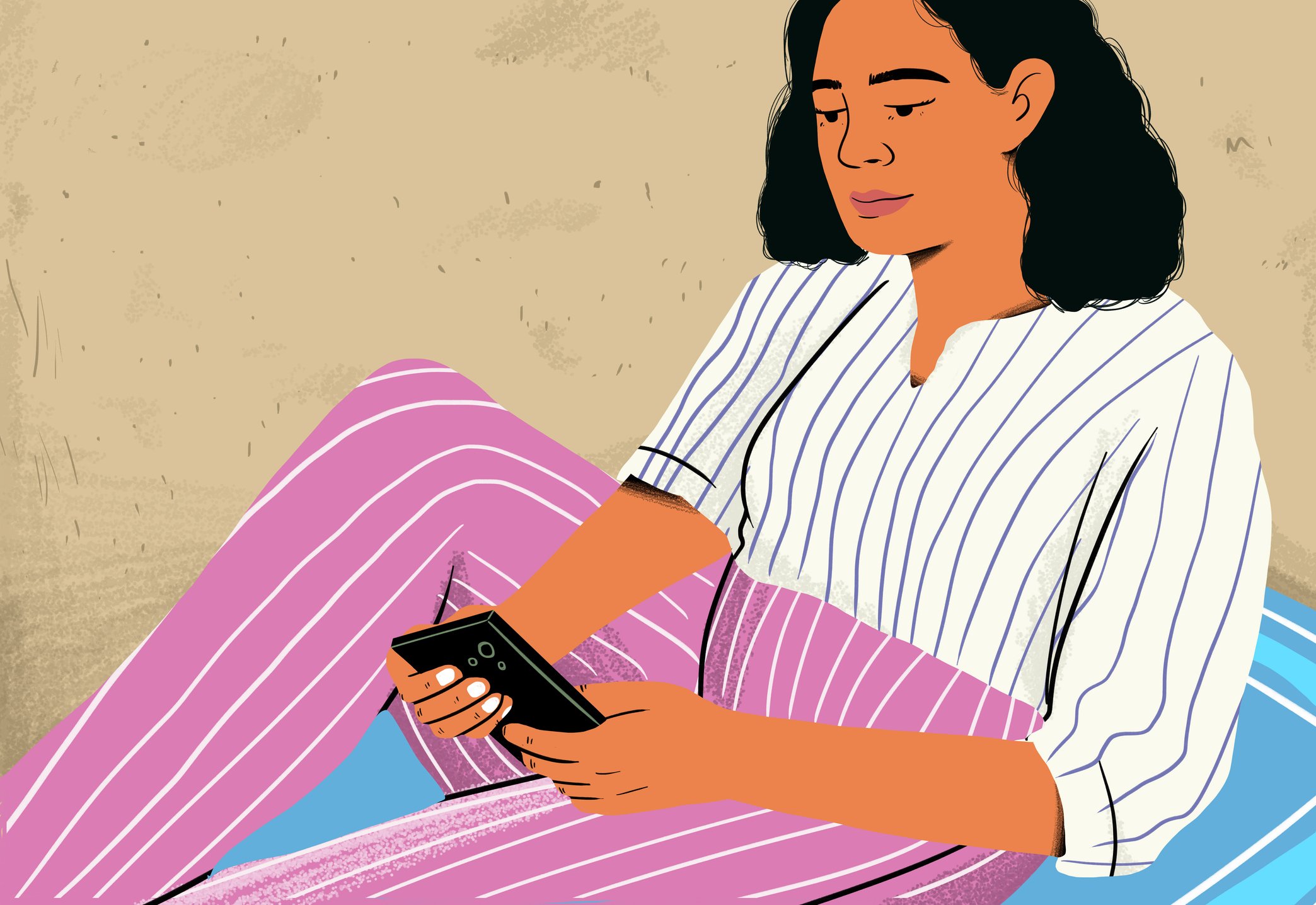 Illustration of a woman sitting on a beach looking at her smartphone. 