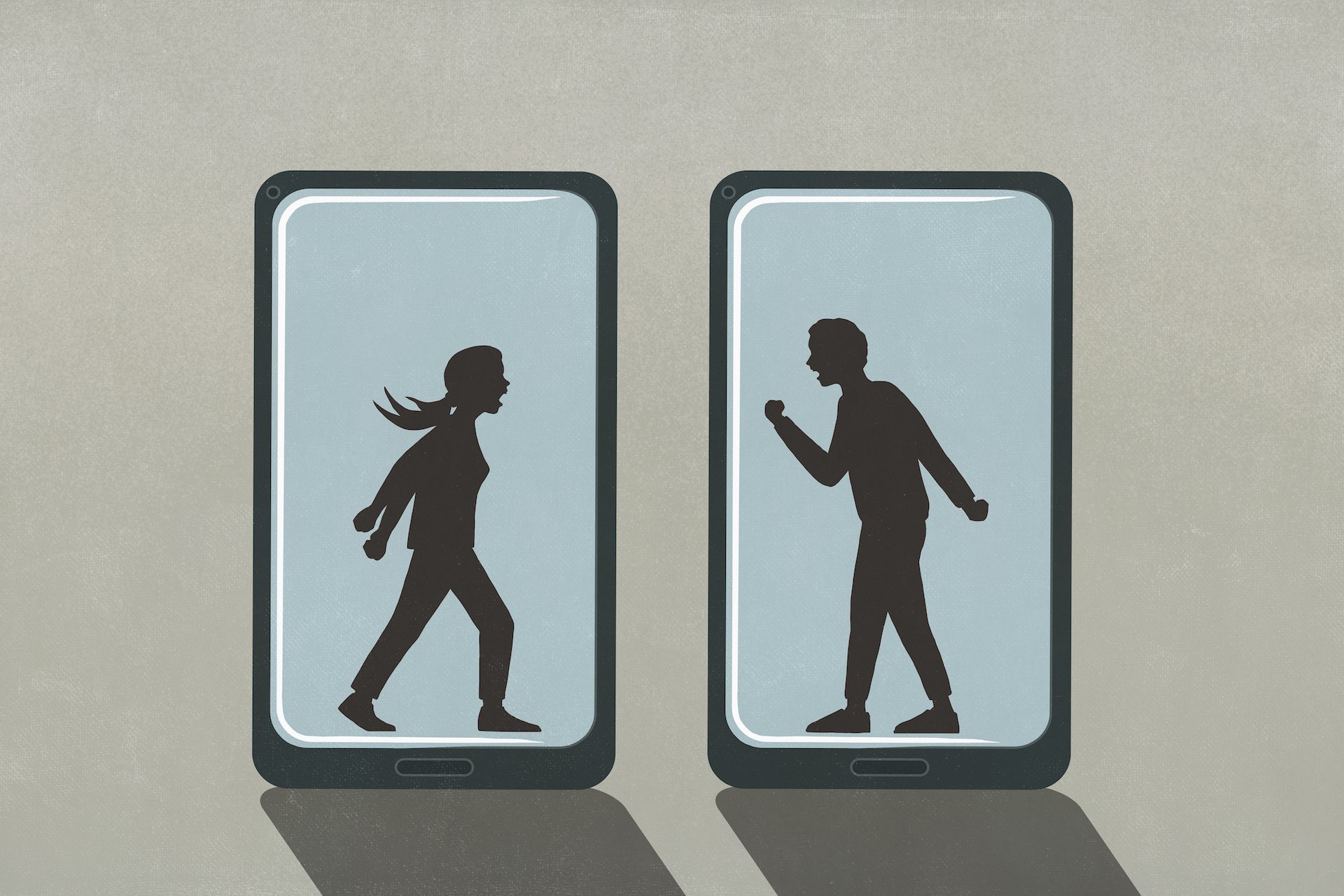 Illustration of two people superimposed on phone screens, and fighting.