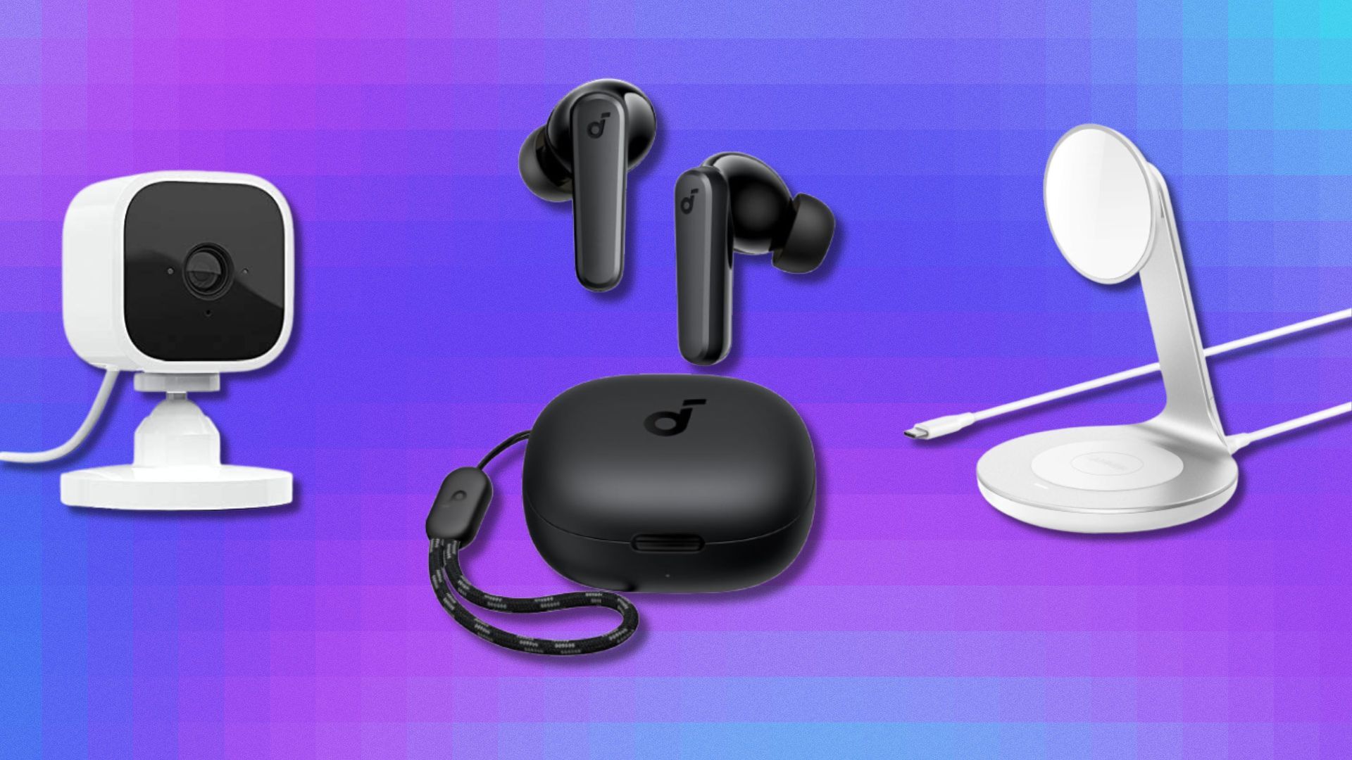 a security camera, pair of earbuds, and wireless charger in a row on a purple background