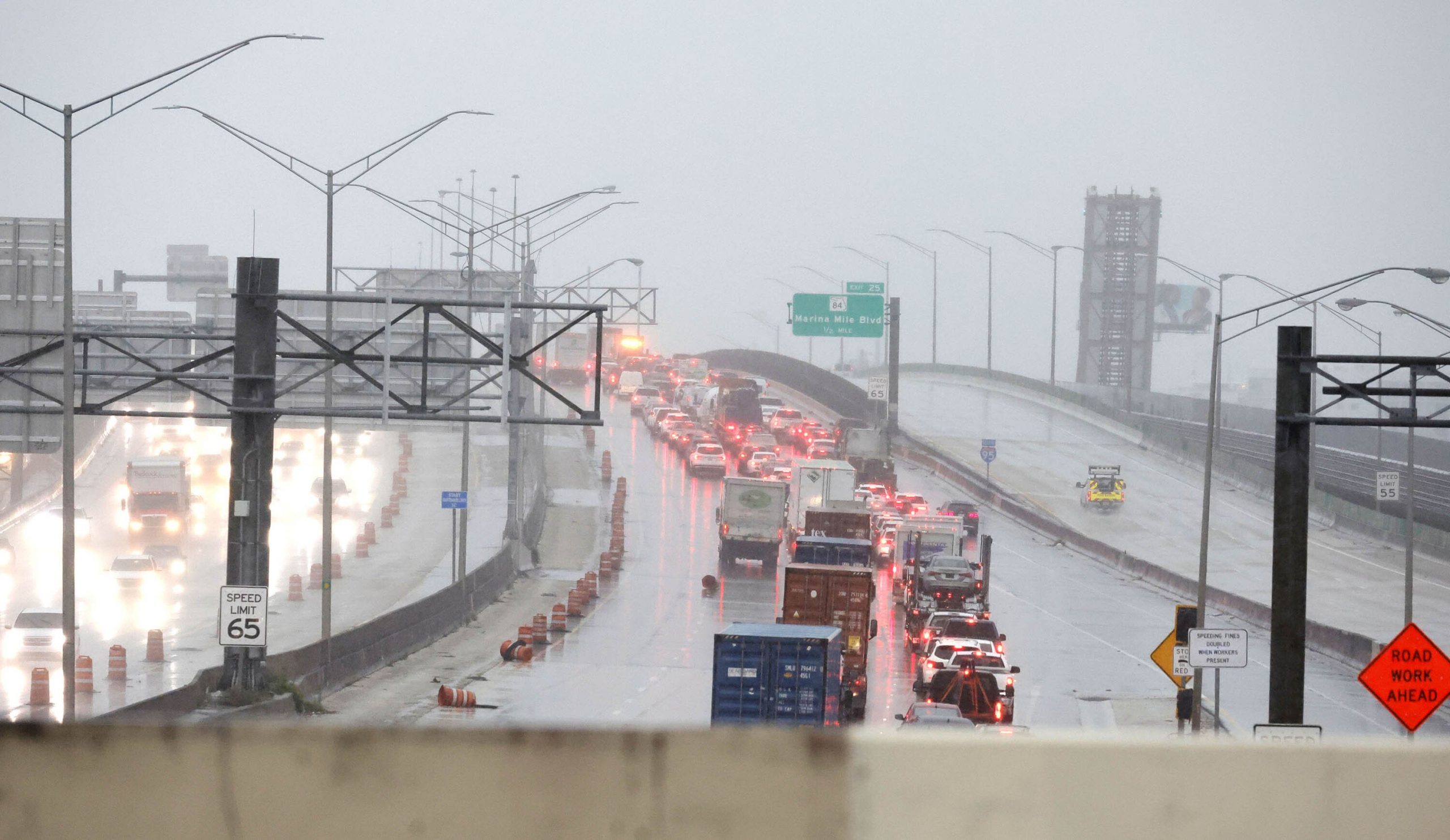 Gridlock on a Florida highway during a rainstorm