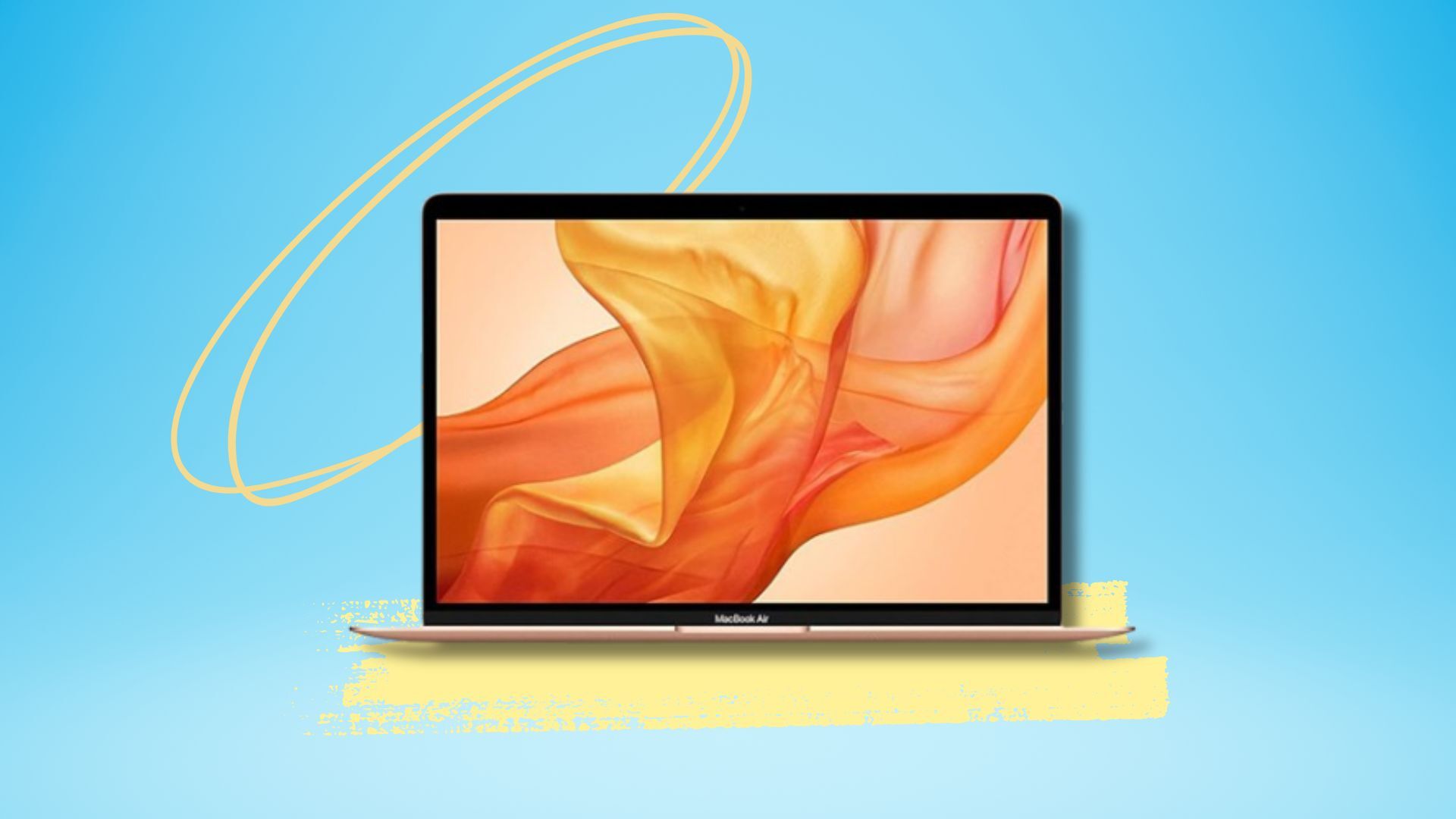 apple macbook air in rose gold on blue and yellow background