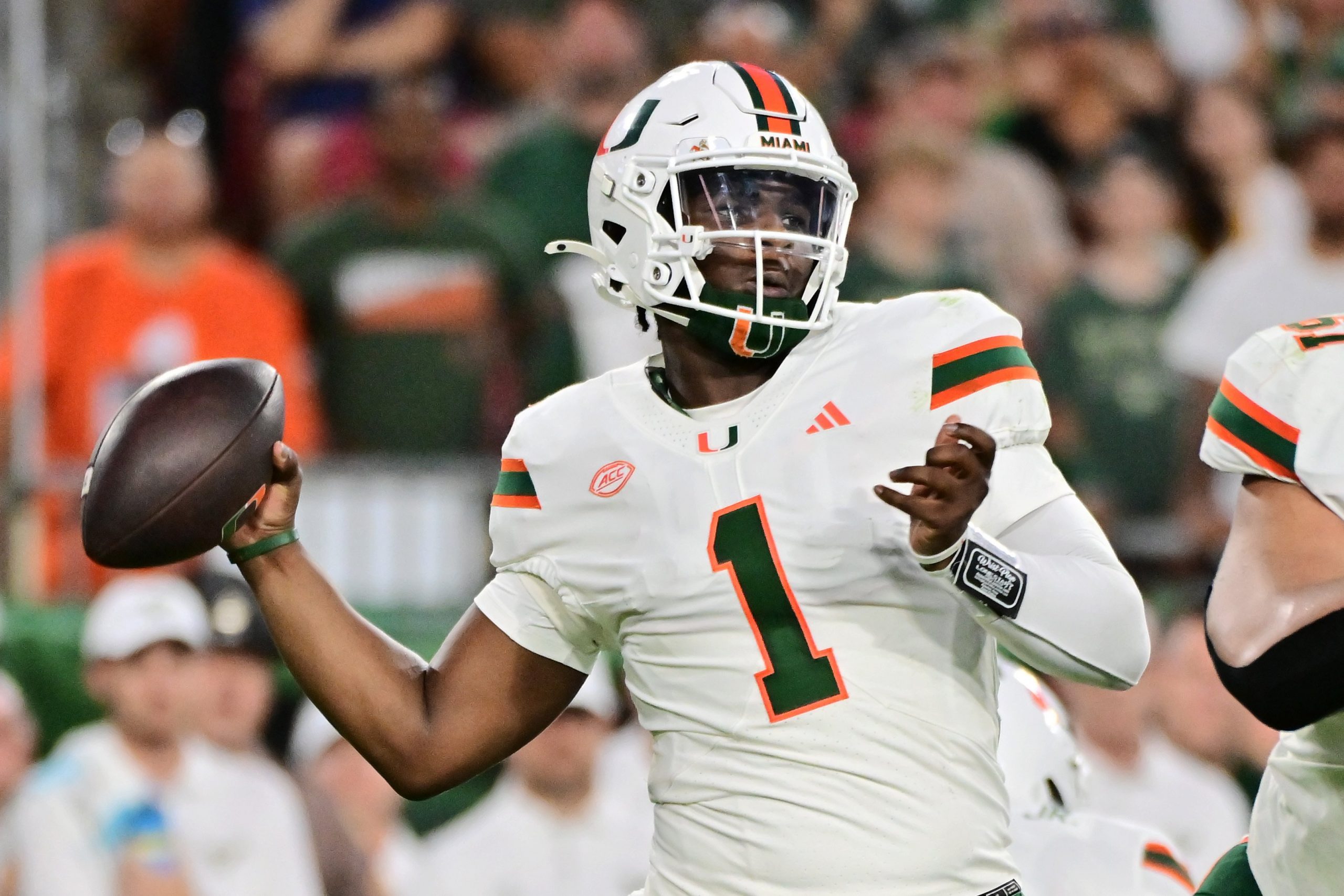 Cam Ward #1 of the Miami Hurricanes drops back to throw a pass in the first quarter against the South Florida Bulls at Raymond James Stadium on Sept. 21, 2024, in Tampa, Florida. 