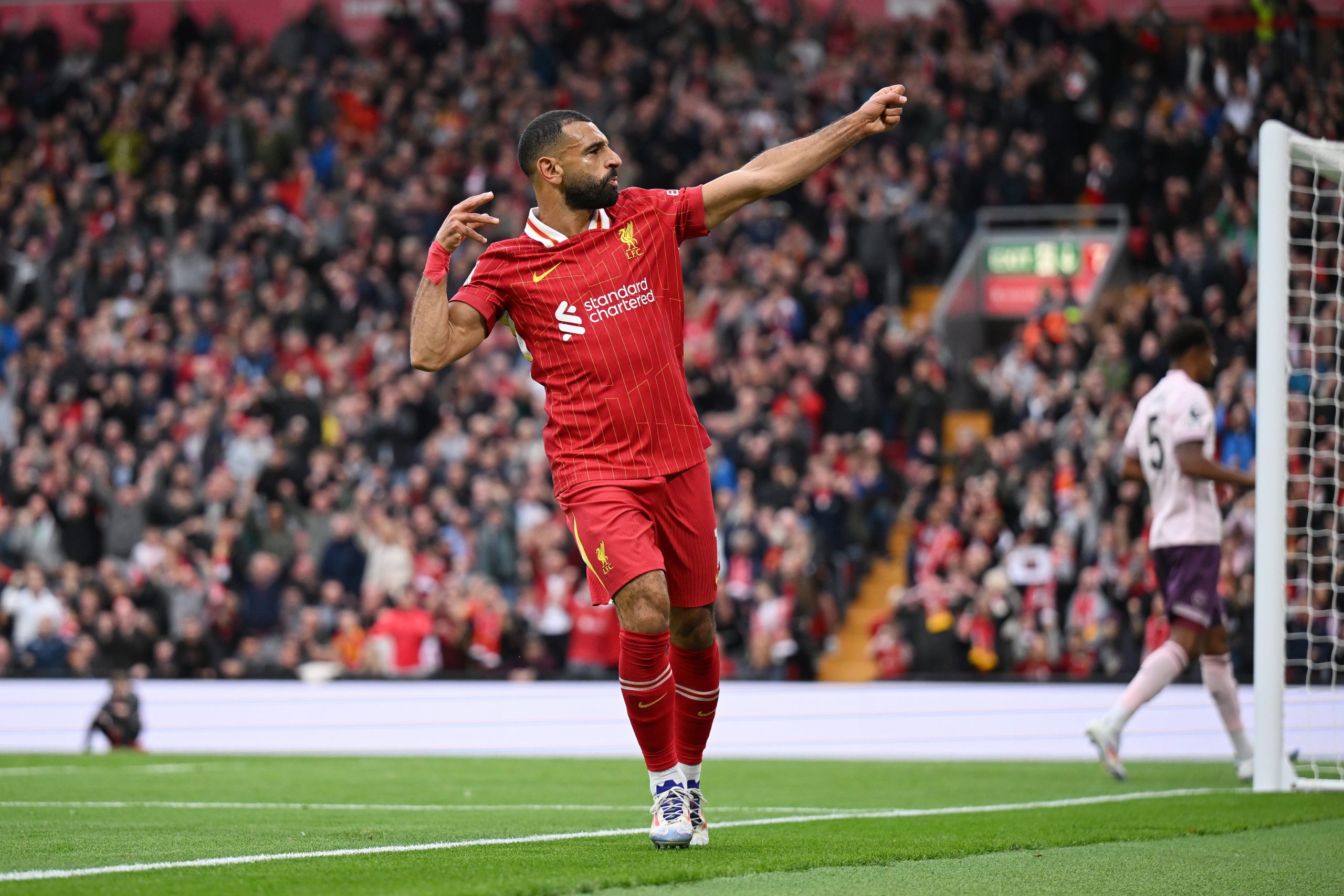 Mo Salah celebrates for Liverpool