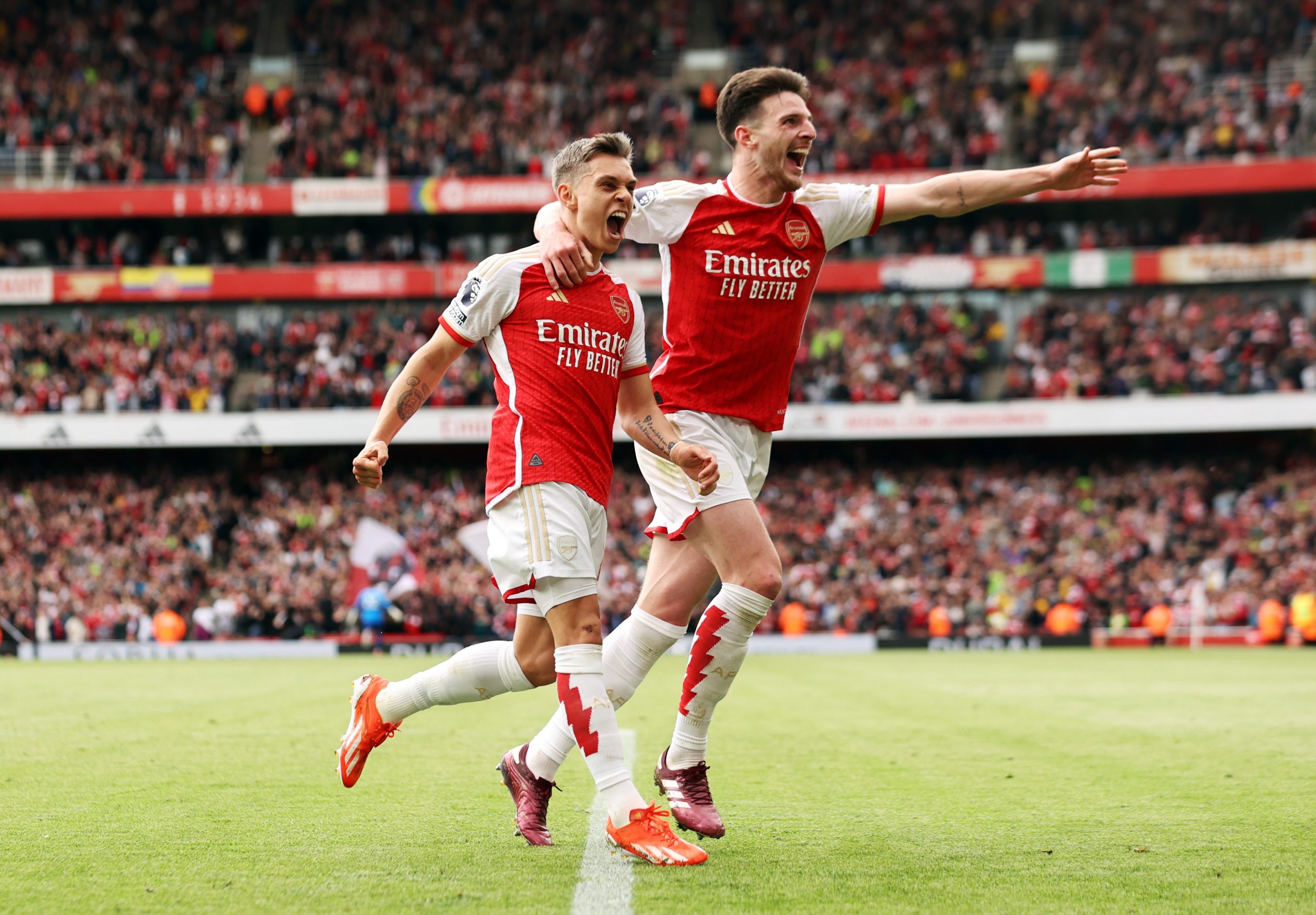 Trossard and Rice celebrate for Arsenal