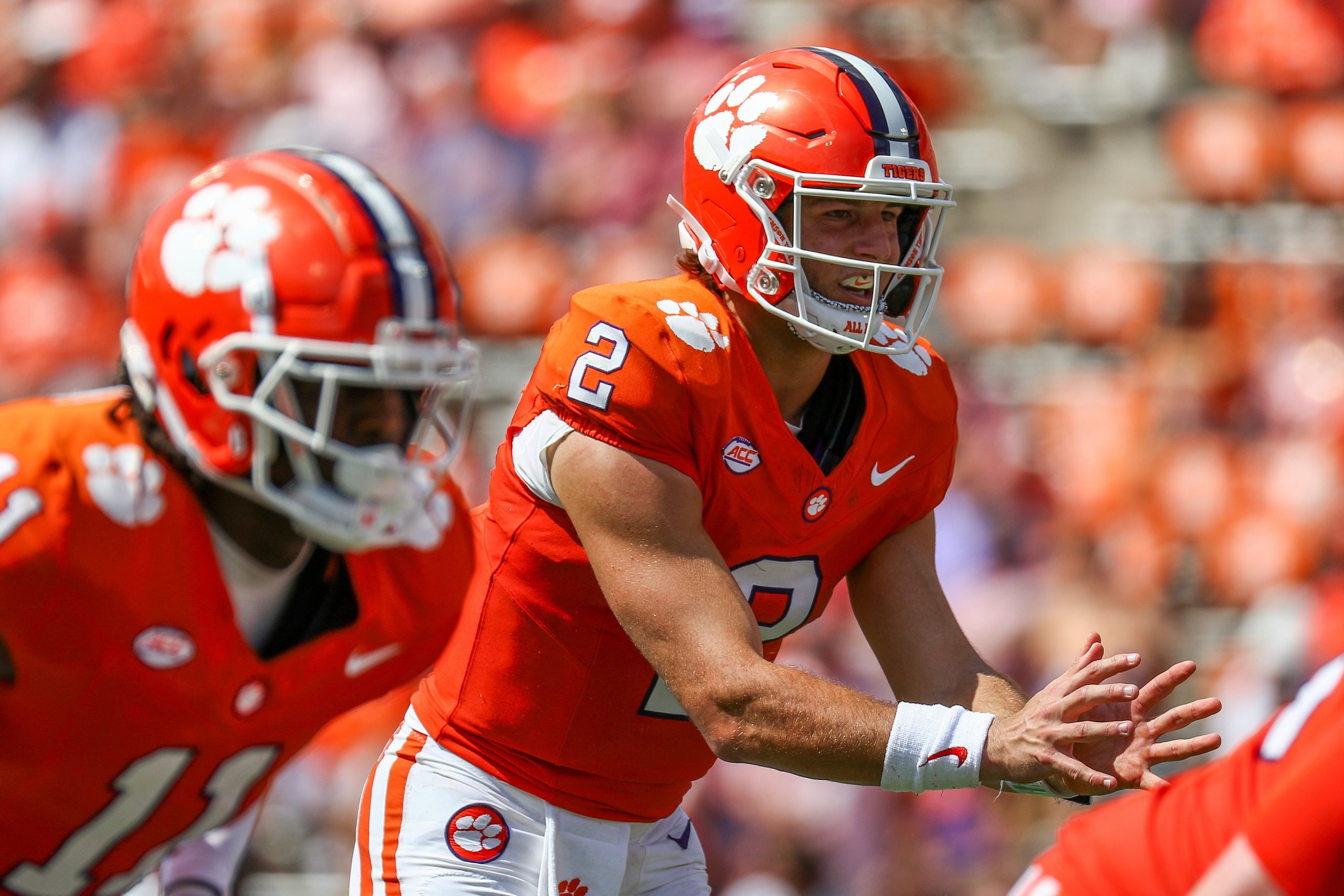 Cade Klubnik #2 of the Clemson Tigers readies for a play during the third quarter against the North Carolina State Wolfpack at Memorial Stadium on Sept. 21, 2024, in Clemson, South Carolina.