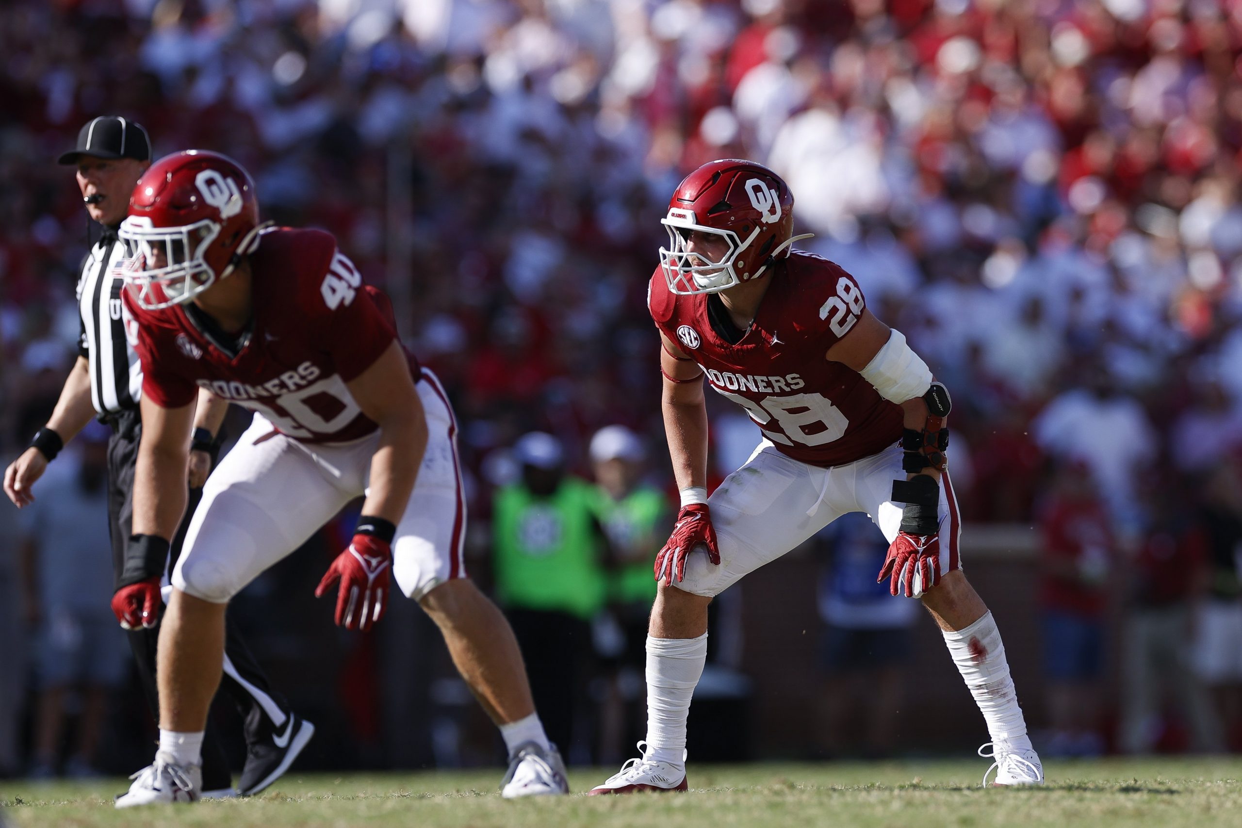 Danny Stutsman #28 of the Oklahoma Sooners in coverage during the first half against the Tulane Green Wave at Gaylord Family Oklahoma Memorial Stadium on Sept. 14, 2024, in Norman, Oklahoma. 