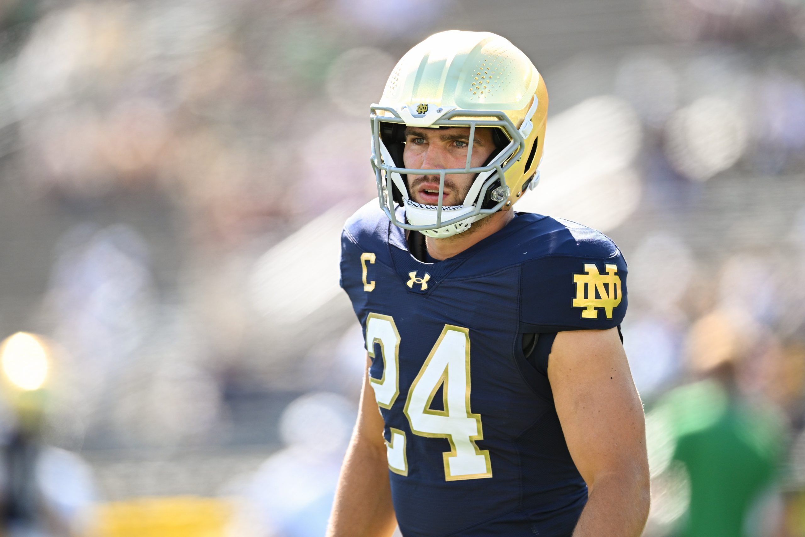 Notre Dame Fighting Irish LB Jack Kiser (24) warms up prior to a college football game between the Notre Dame Fighting Irish and Miami RedHawks on Sept. 21, 2024, at Notre Dame Stadium in South Bend, Indiana.