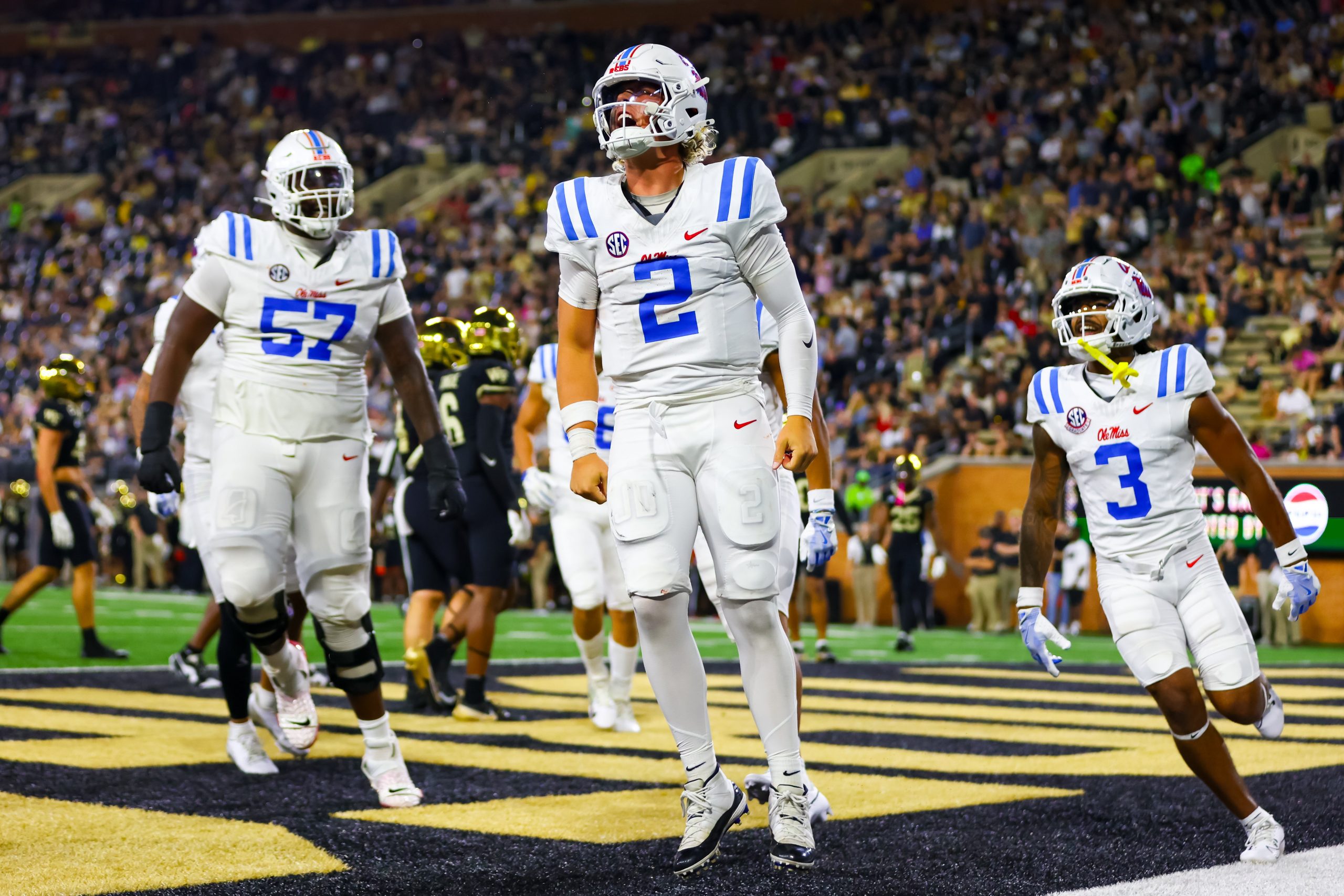 Jaxson Dart #2 of the Mississippi Rebels reacts after scoring a touchdown during the second half of a football game against the Wake Forest Demon Deacons at Allegacy Federal Credit Union Stadium on Sept. 14, 2024, in Winston-Salem, North Carolina.