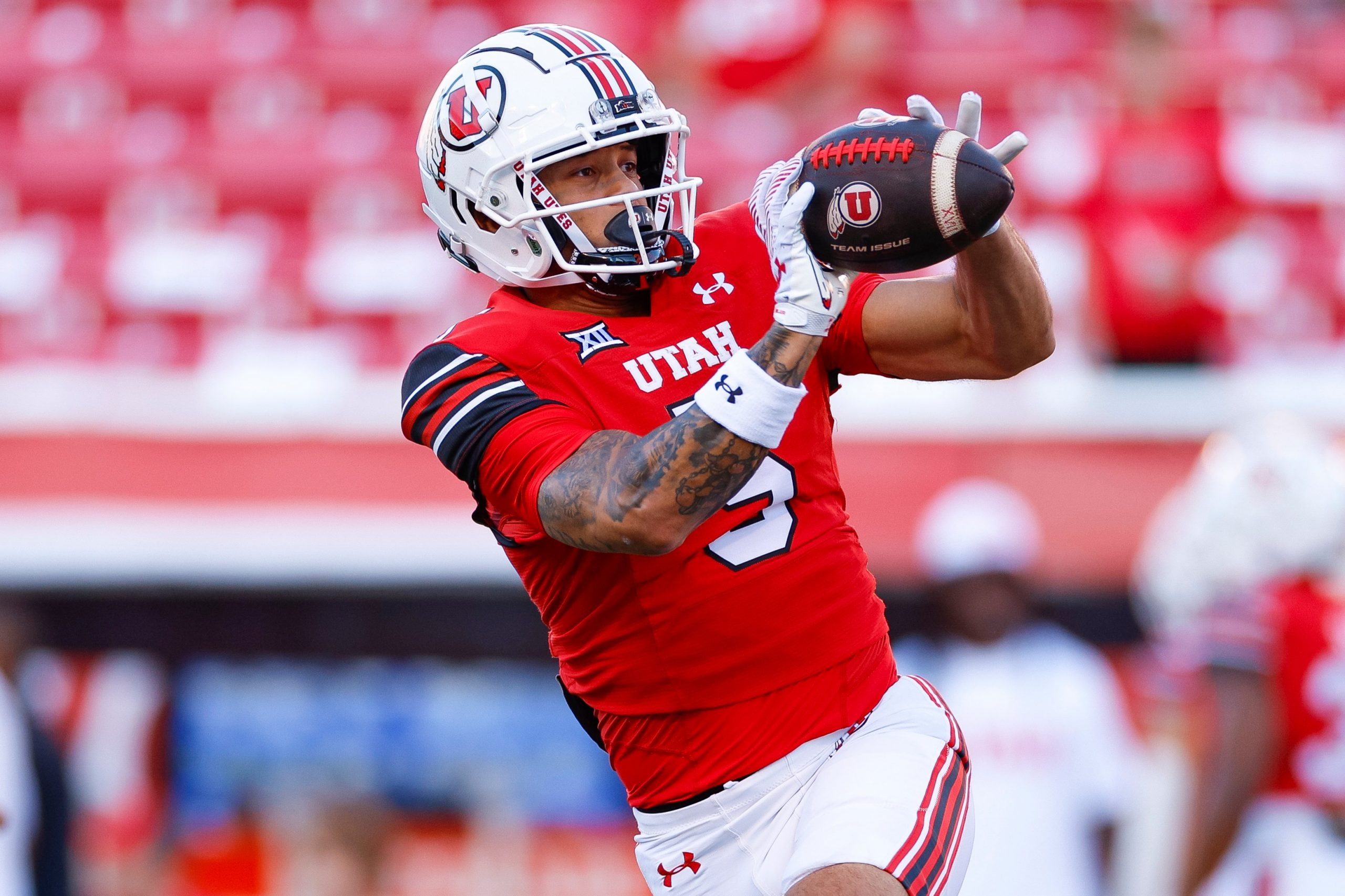 Mycah Pittman #5 of the Utah Utes warms up prior to a game against the Southern Utah Thunderbirds at Rice Eccles Stadium on Aug. 29, 2024, in Salt Lake City, Utah.