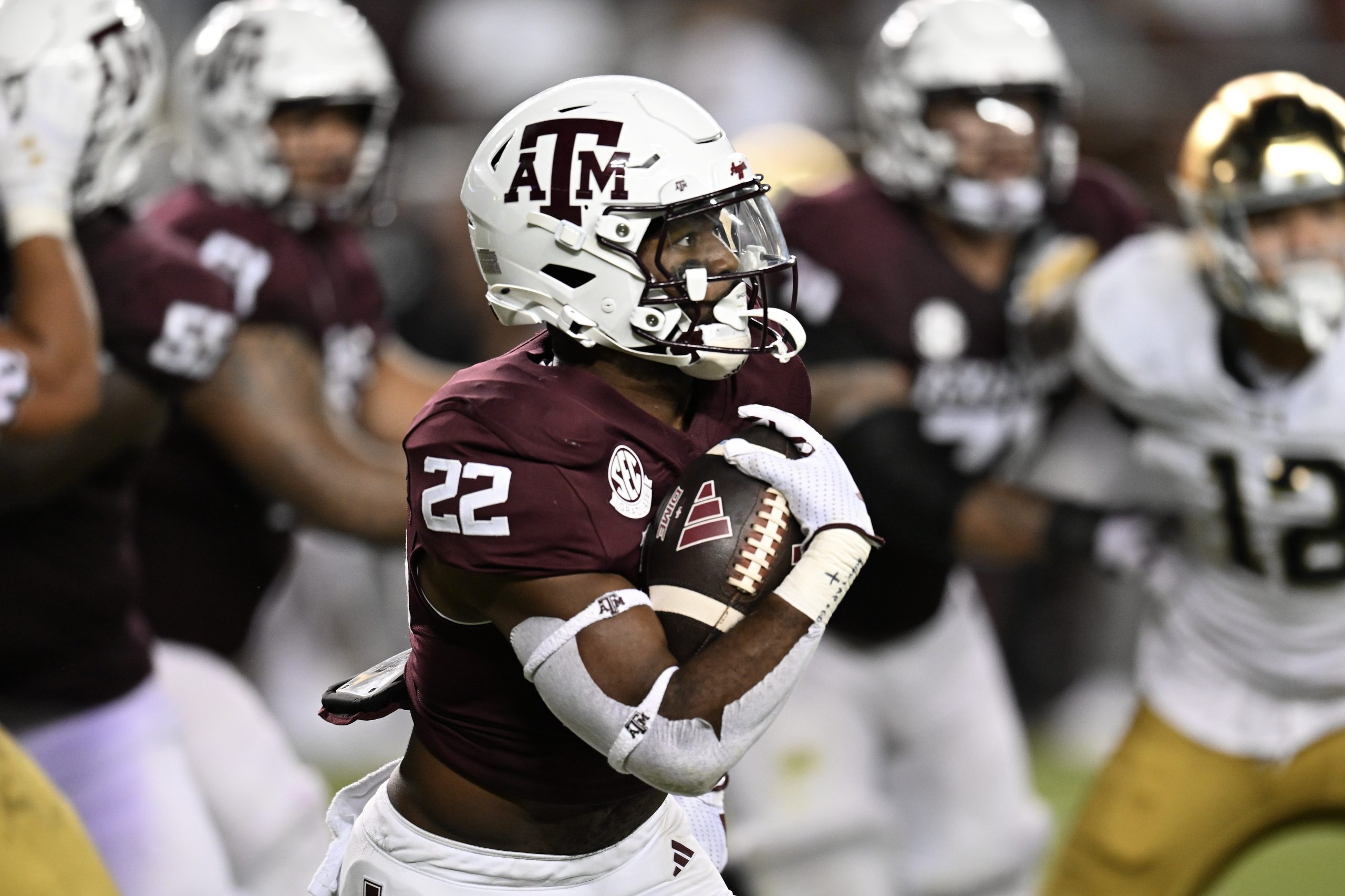 EJ Smith #22 of the Texas A&M Aggies runs the ball against the Notre Dame Fighting Irish during the fourth quarter at Kyle Field on Aug. 31, 2024, in College Station, Texas.