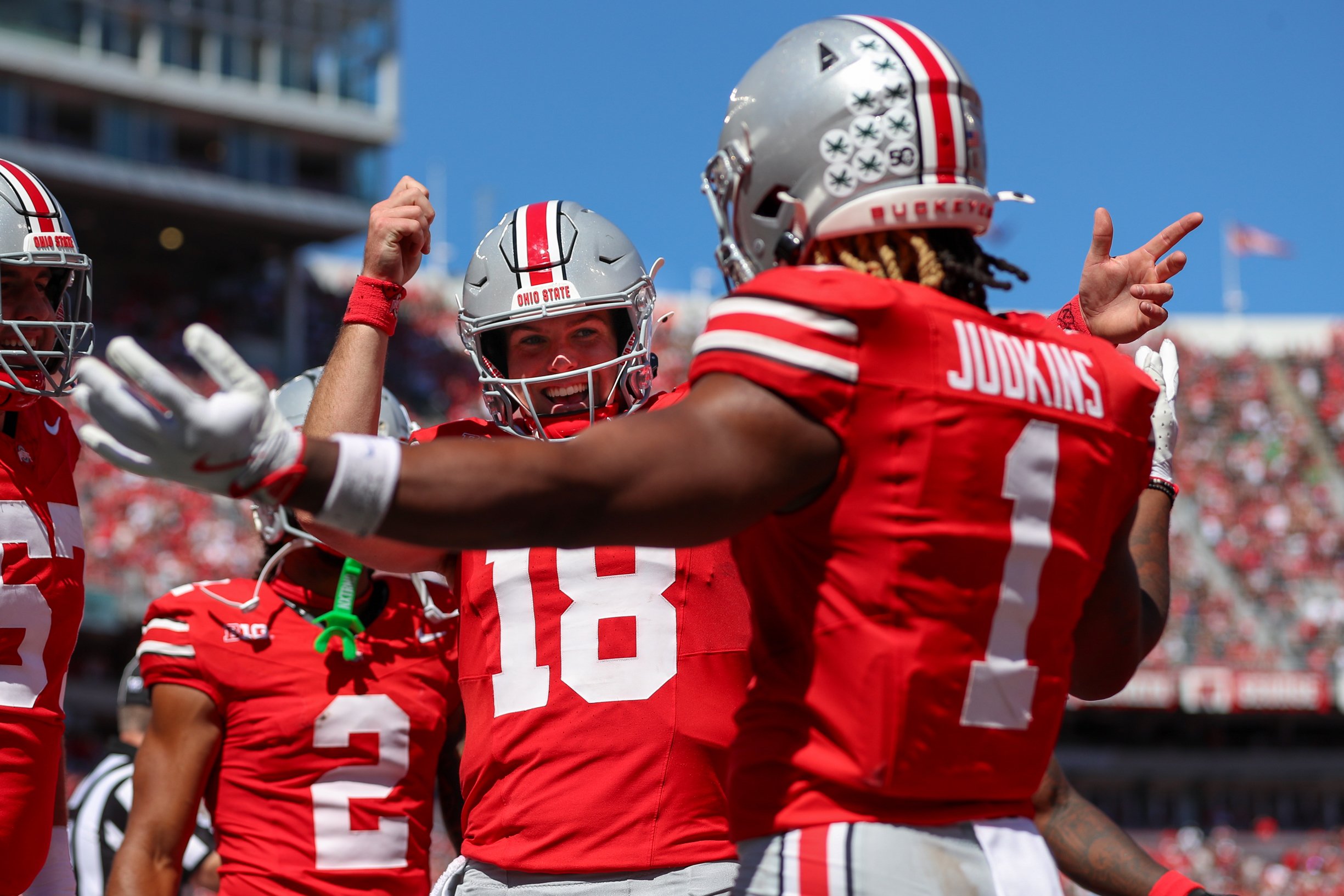 Ohio State Buckeyes quarterback Will Howard (18) reacts with running back Quinshon Judkins (1) after a Judkins touchdown during the game against Marshall Thundering Herd and the Ohio State Buckeyes on Sept. 21, 2024, at Ohio Stadium in Columbus, Ohio.