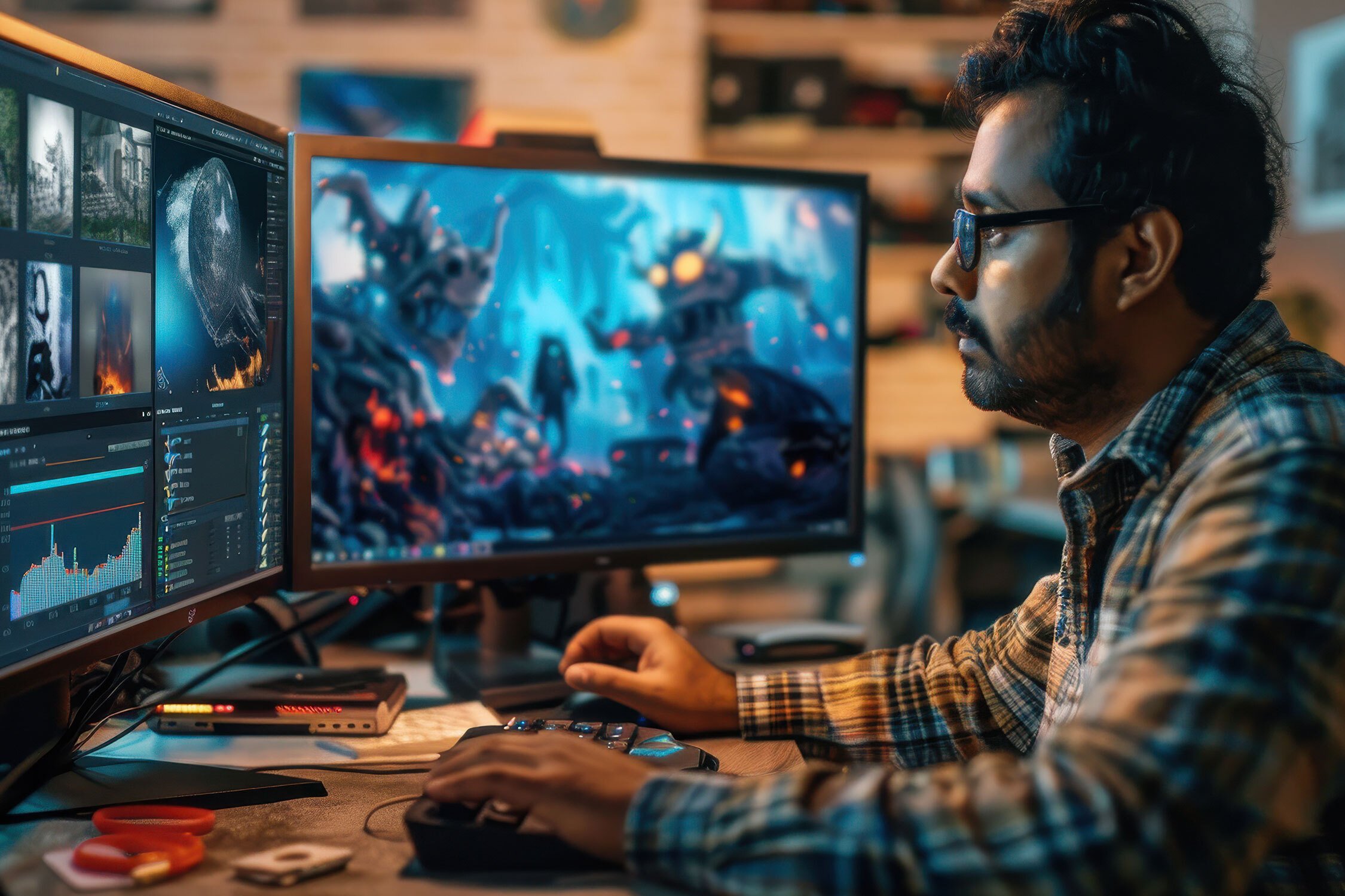 man in glasses coding a video game