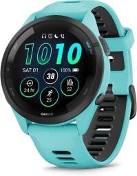 an aqua-colored garmin forerunner 265 watch