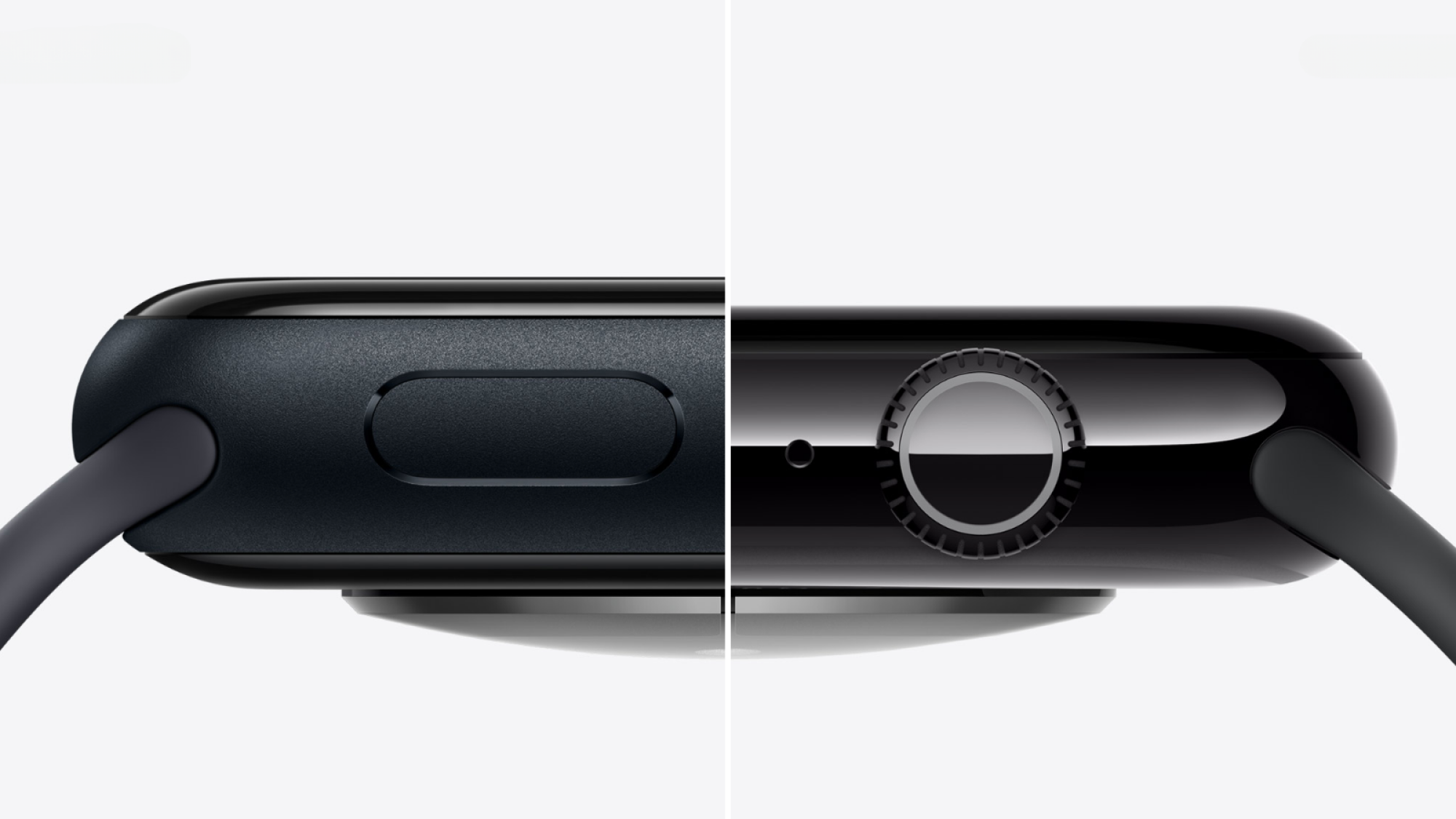 A side-by-side comparison of the thickness of the Apple Watch Series 9 and Series 10.