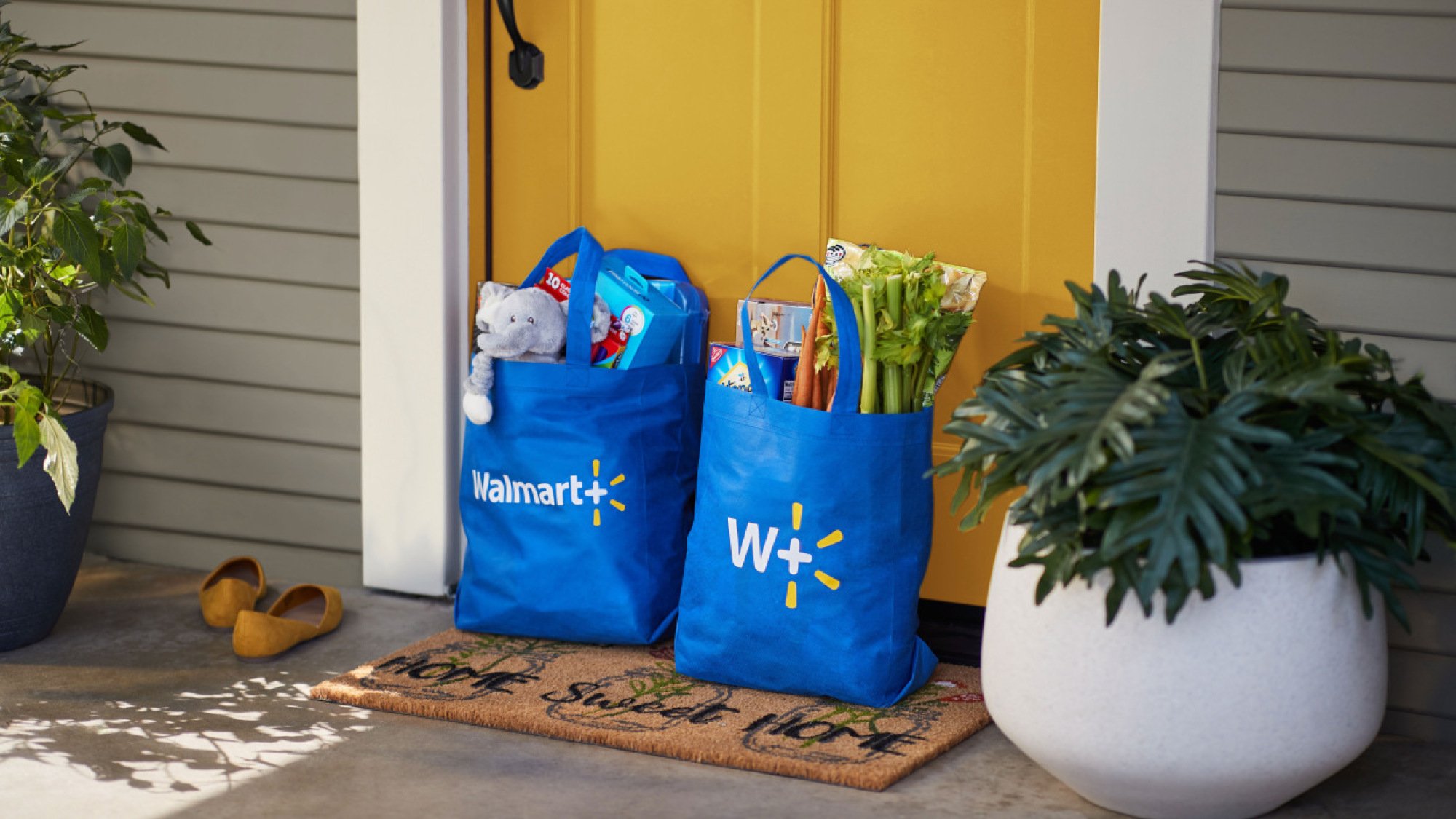 Walmart shopping bags on a front door.