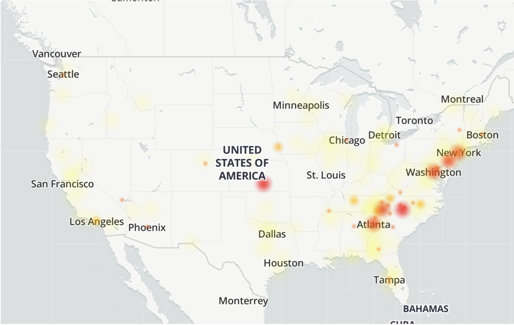 A map of areas affected by an network outage