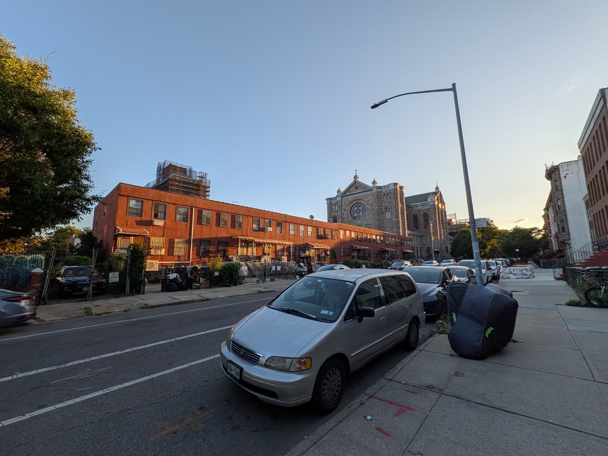 Ultra-wide shot of a church at sunset in Brooklyn